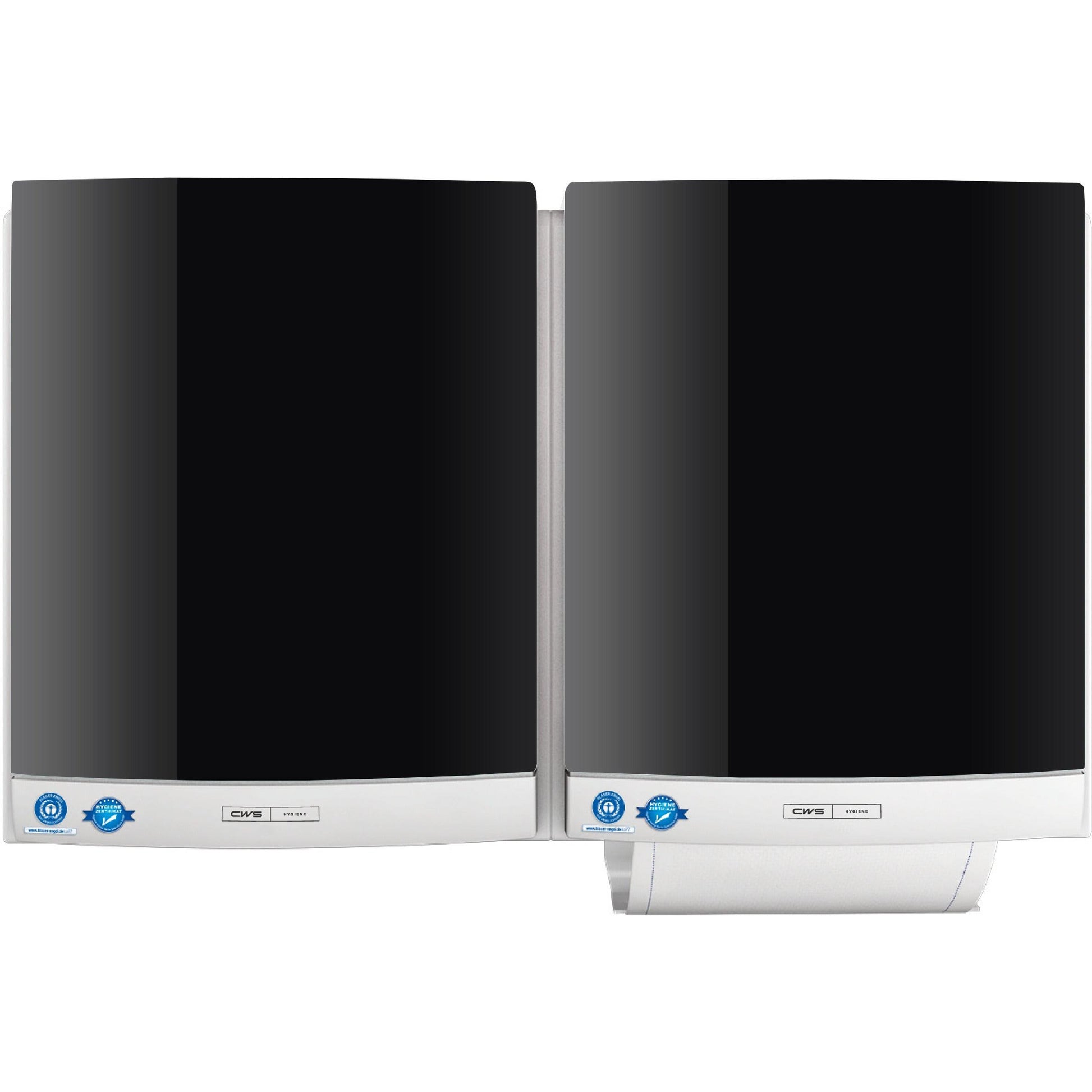 Zwei schwarz-silberne CWS Frontpanel für Stoffhandtuchspender DUO von CWS werden nebeneinander an der Wand montiert und tragen jeweils einen blauen Zertifizierungsaufkleber in der linken unteren Ecke, um eine hygienische Nutzung zu gewährleisten.