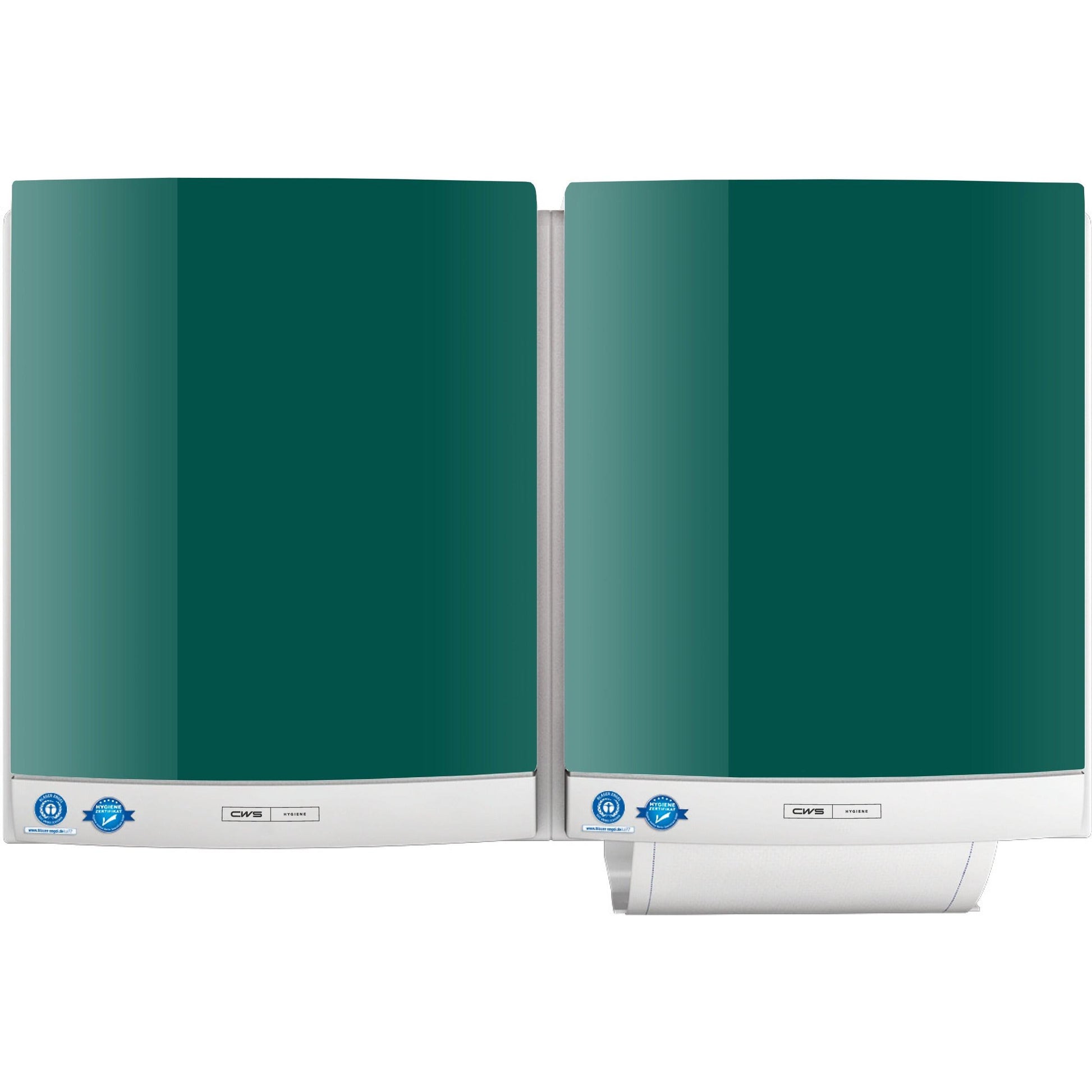 Zwei CWS Frontpanel für Stoffhandtuchspender DUO in den Farben Grün und Weiß werden nebeneinander an der Wand montiert, wobei bei einem eine Handtuchrolle zur einfachen Entnahme aus dem Boden ragt.