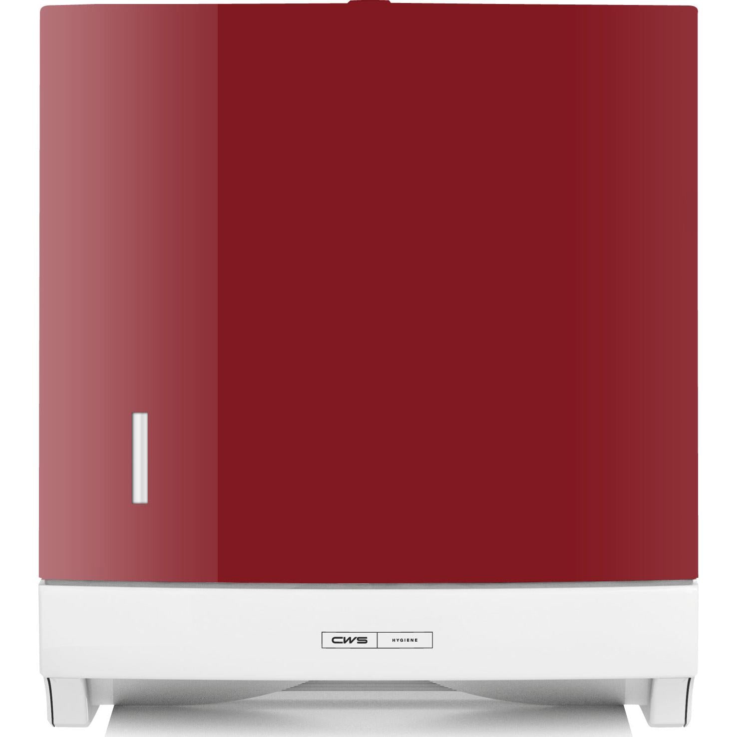 Das rote CWS Frontpanel für Faltpapierhandtuchspender Paper Slim hat einen weißen Sockel, ein kleines rechteckiges Sichtfenster auf der linken Seite und das CWS Logo in der unteren Mitte.