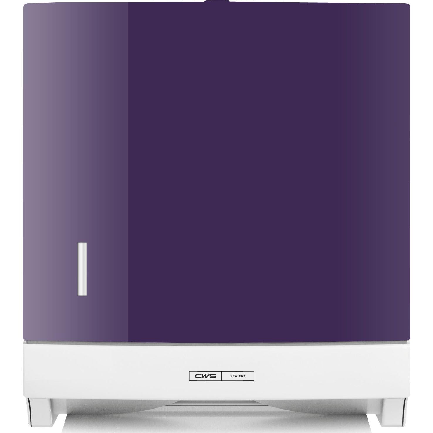 Der CWS Frontpanel für Faltpapierhandtuchspender Paper Slim ist ein rechteckiger Spender in Weiß und Violett mit einem kleinen Fenster auf der linken Seite und einem eleganten CWS Frontpanel auf weißem Hintergrund.