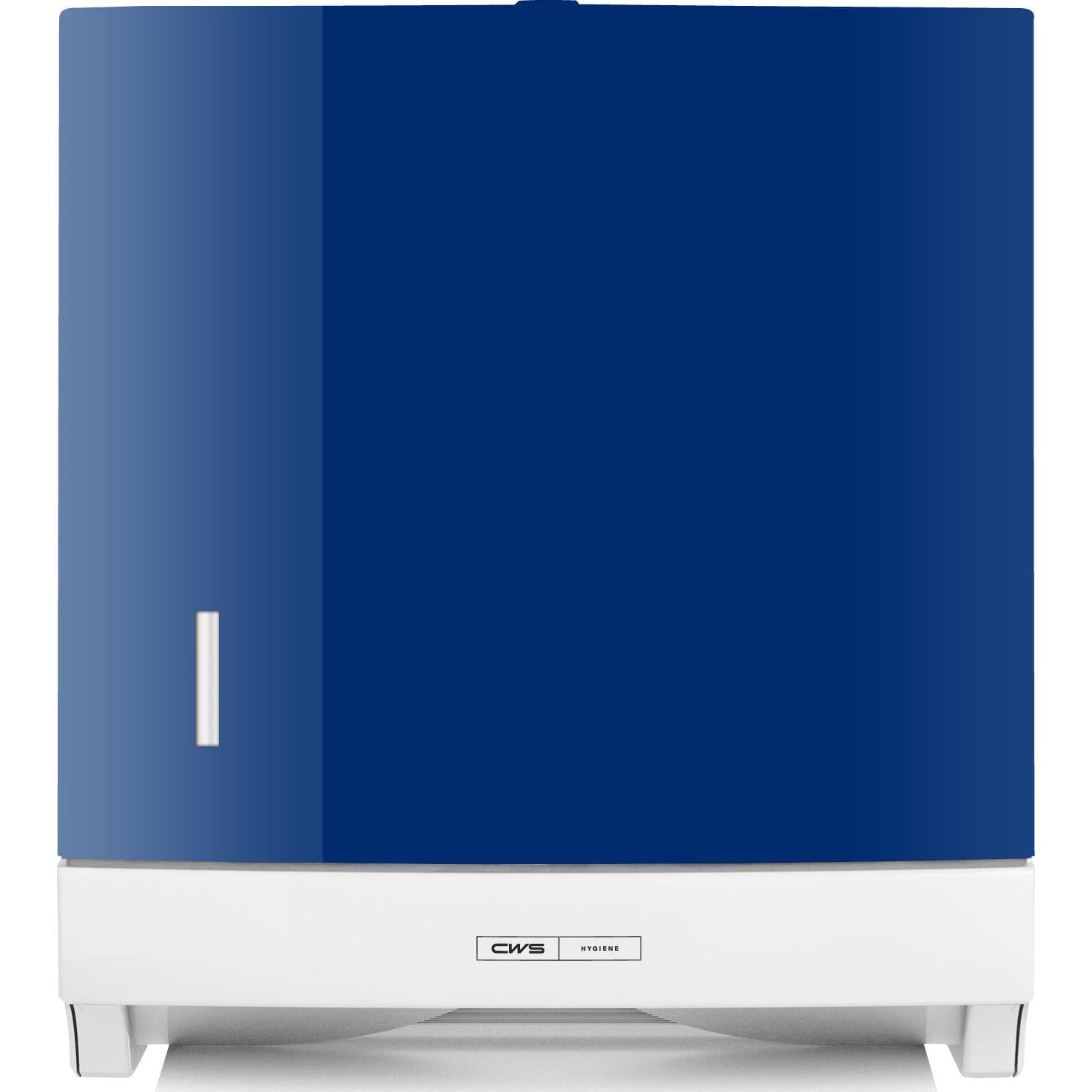 Das CWS Frontpanel für Faltpapierhandtuchspender Paper Slim ist ein blau-weißes, rechteckiges Wandpanel mit einem kleinen vertikalen Fenster auf der linken Seite zur Überwachung des Handtuchstands.