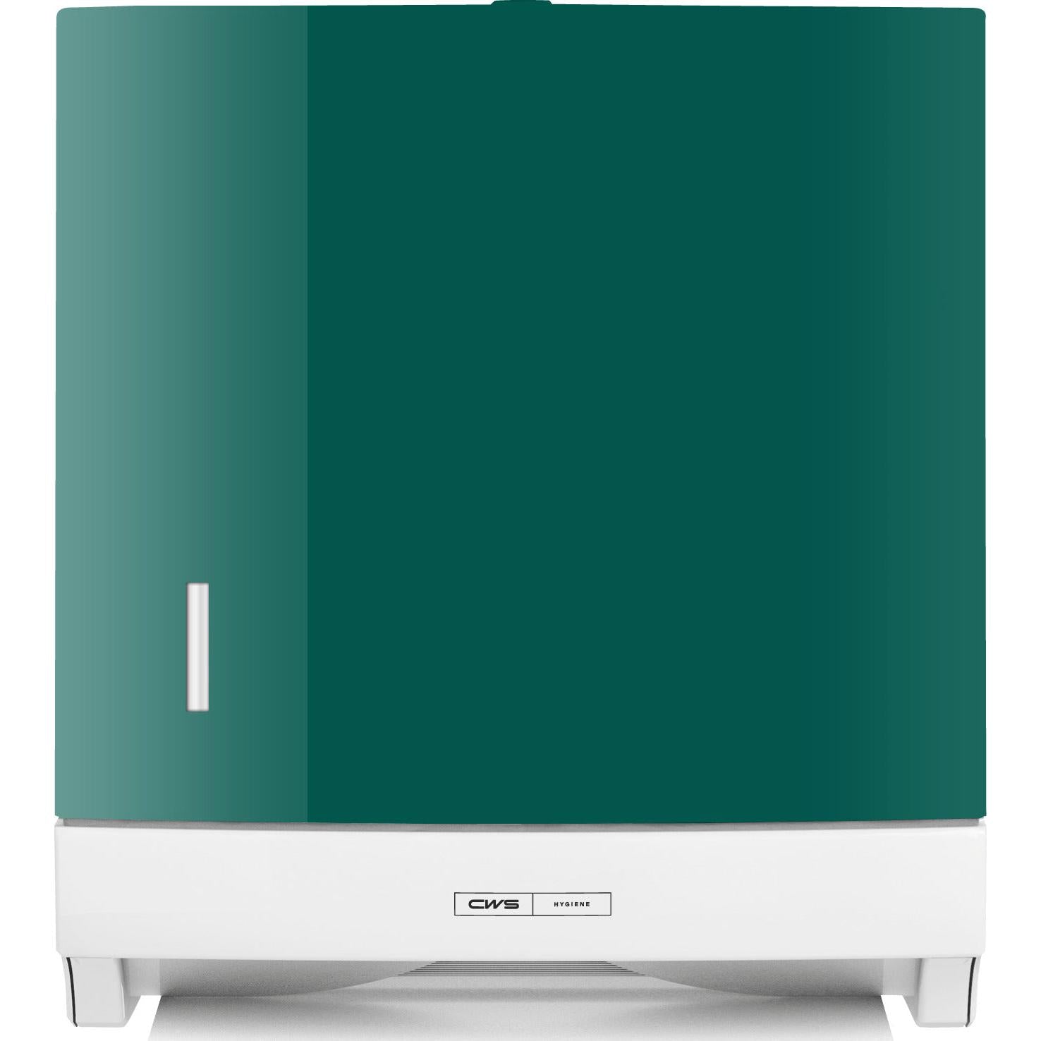 Der CWS Frontpanel für Faltpapierhandtuchspender Paper Slim ist ein grün-weißer, rechteckiger Spender mit einem kleinen, vertikalen Fenster und einem zentralen CWS Etikett am unteren Rand, der sich durch das elegante CWS Frontpanel Design auszeichnet.