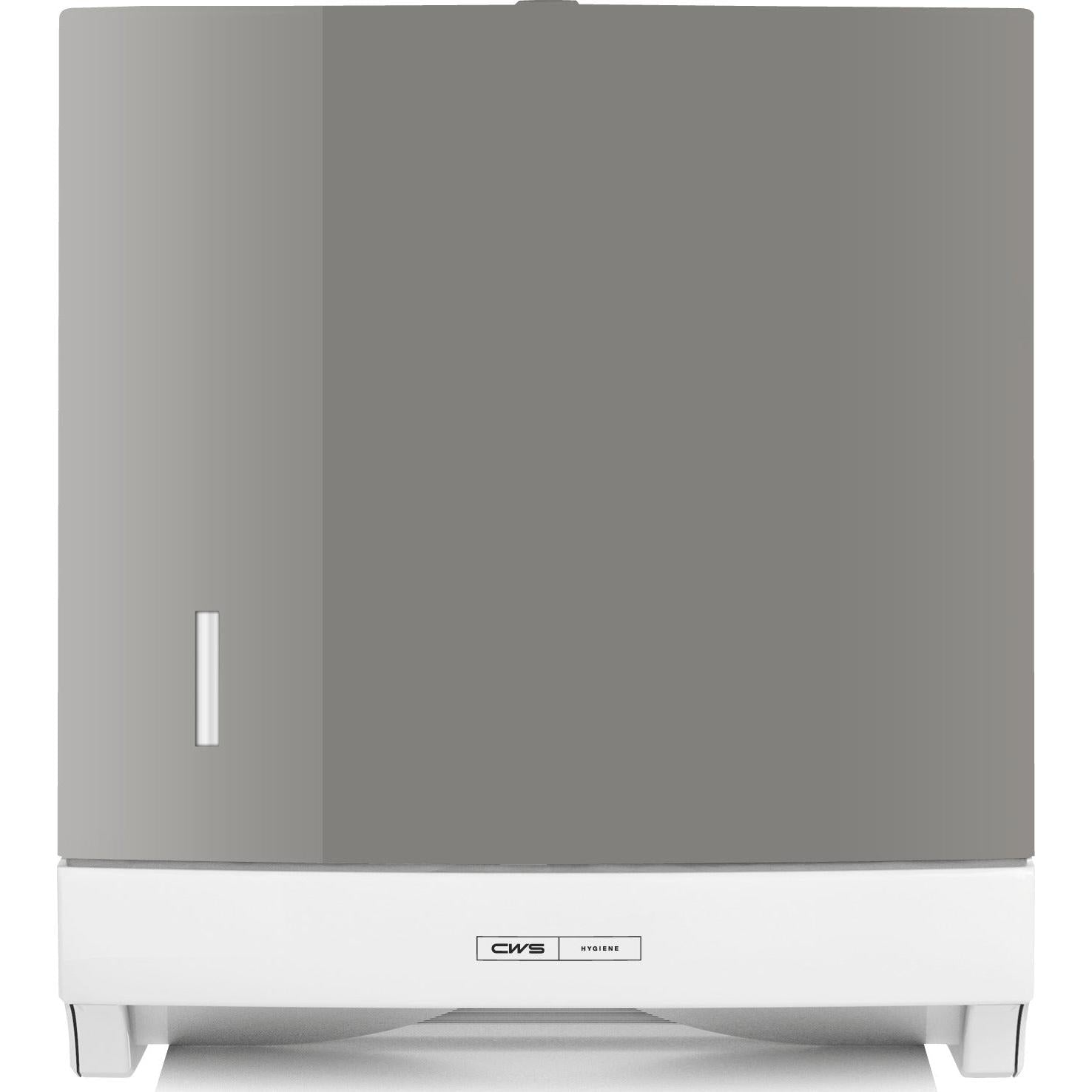 Die Frontansicht des CWS Frontpanel für Faltpapierhandtuchspender Paper Slim zeigt ein schlankes, rechteckiges Design mit einer großen grauen Tür, einem kleinen vertikalen Griff auf der linken Seite und einem weißen Sockel mit dem CWS Markenlogo und Bedienfeld.