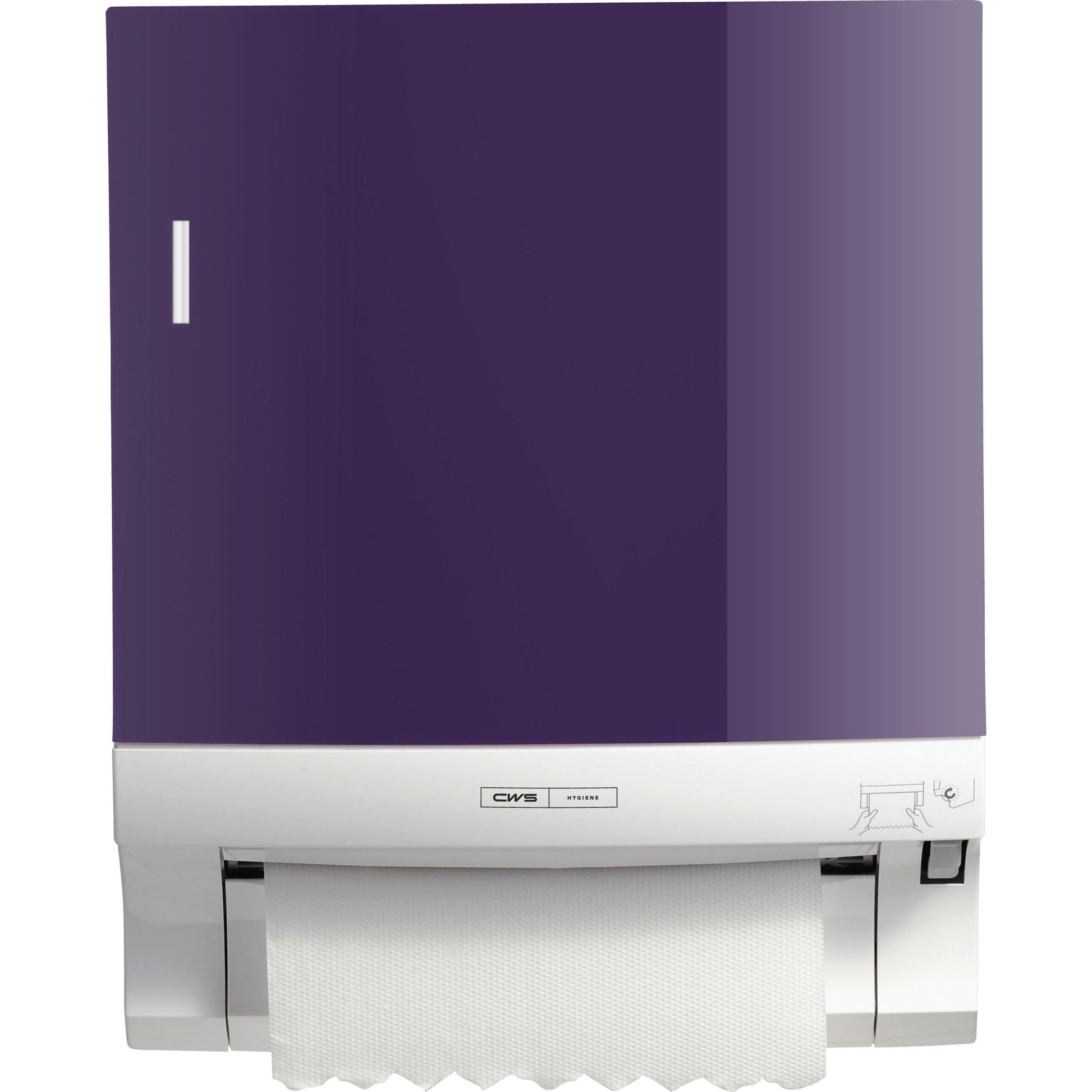 Das CWS Frontpanel für Rollenpapierhandtuchspender Paperroll von CWS verfügt über ein lila Frontpanel, eine sichtbare weiße Papierhandtuchrolle und ein wandmontiertes Design - perfekt für eine stilvolle Waschraumoptimierung.