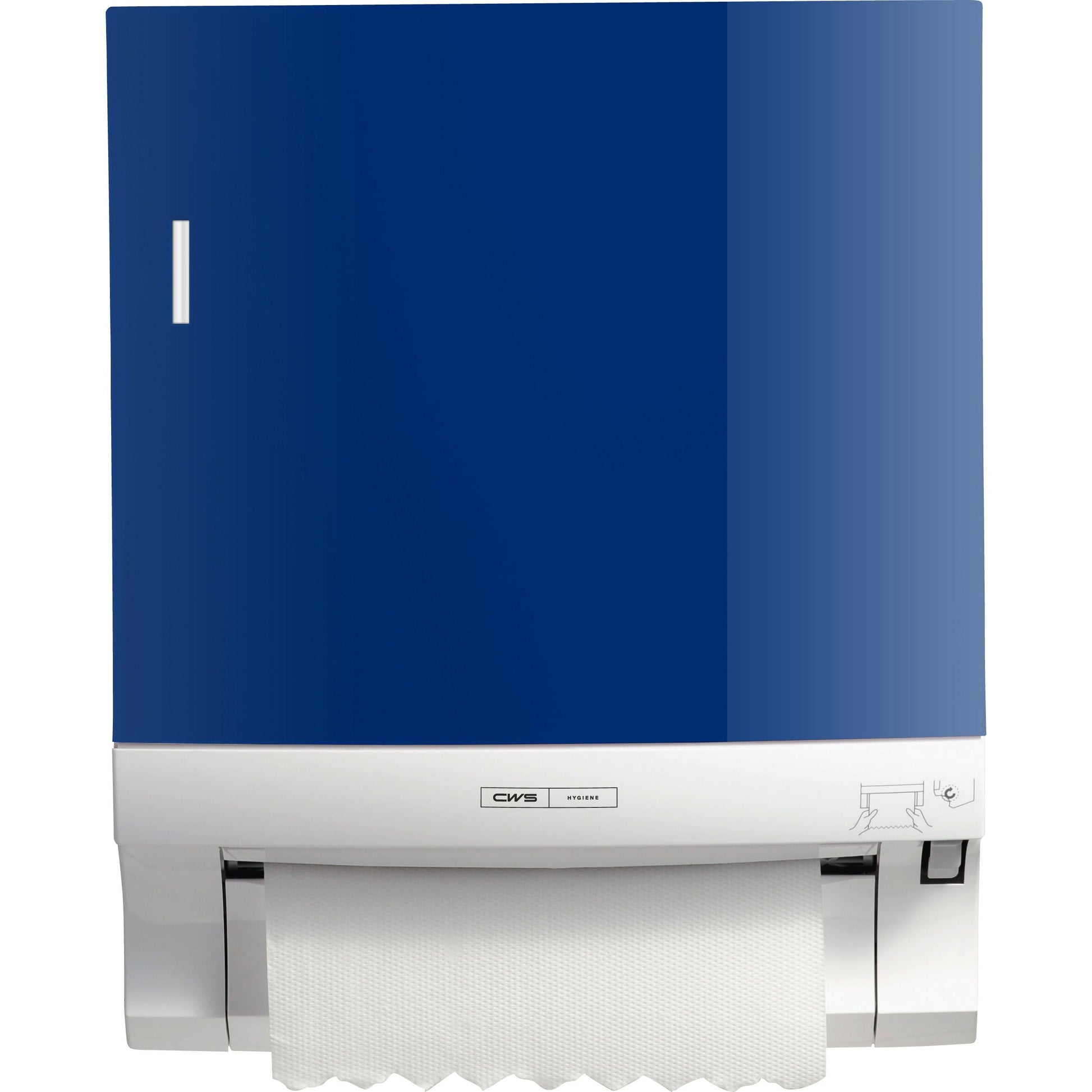Das wandmontierte CWS Frontpanel für Rollenpapierhandtuchspender Paperroll hat ein blaues Frontpanel und einen weißen Sockel von CWS und spendet darunter gefaltete Papierhandtücher. Eine kleine Grafik und ein Logo werben für effektive Waschraumoptimierung.