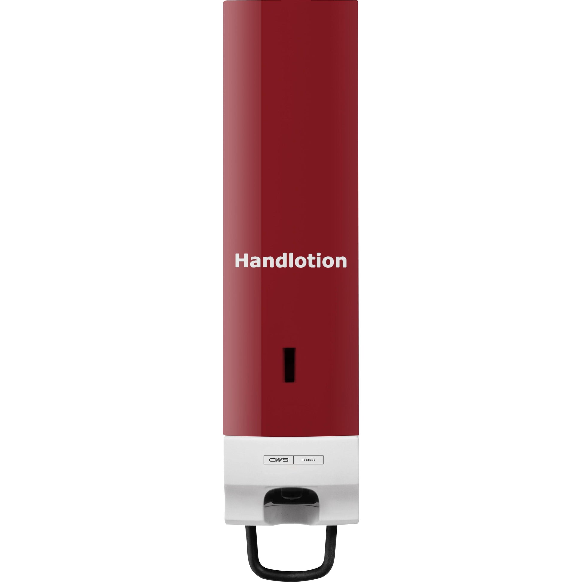 Der rot-weiße, an der Wand montierte CWS Frontpanel für Seifenschaumspender Foam Slim verfügt über ein auffälliges Etikett mit der Aufschrift Handlotion", einen schwarzen Hebel zur einfachen Entnahme und das für die Marke CWS typische elegante Design.