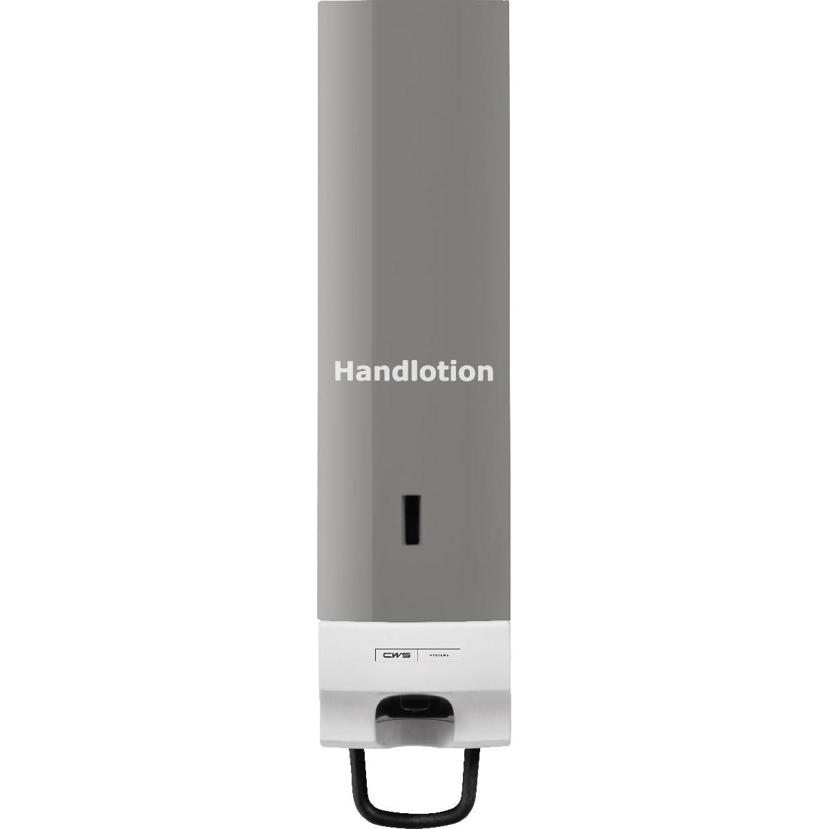 Der CWS Frontpanel für Seifenschaumspender Foam Slim ist ein grau-weißer Wandspender in eleganter Optik, mit Sichtfenster, schwarzem Spendehebel und der Aufschrift "Handlotion". Mit dem praktischen CWS Frontpanel Design.