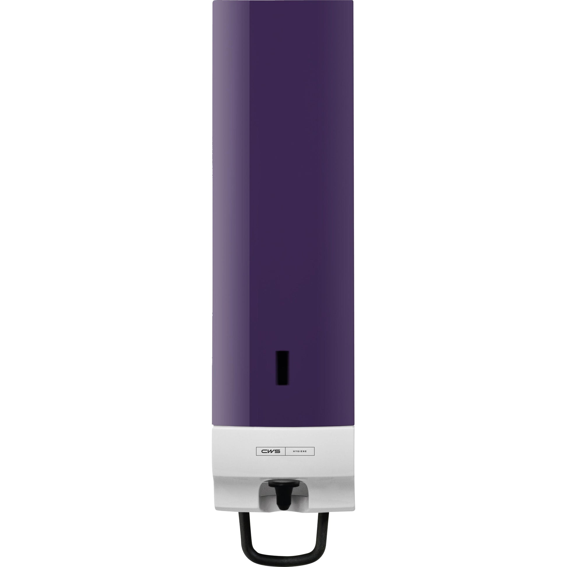 Das CWS Frontpanel für Seifenschaumspender Foam Slim Non-Touch hat ein rechteckiges, wandmontiertes Design mit einer dunkelvioletten Oberseite, einer weißen Unterseite, einem schwarzen Druckhebel und einem kleinen rechteckigen Fenster in der Mitte.