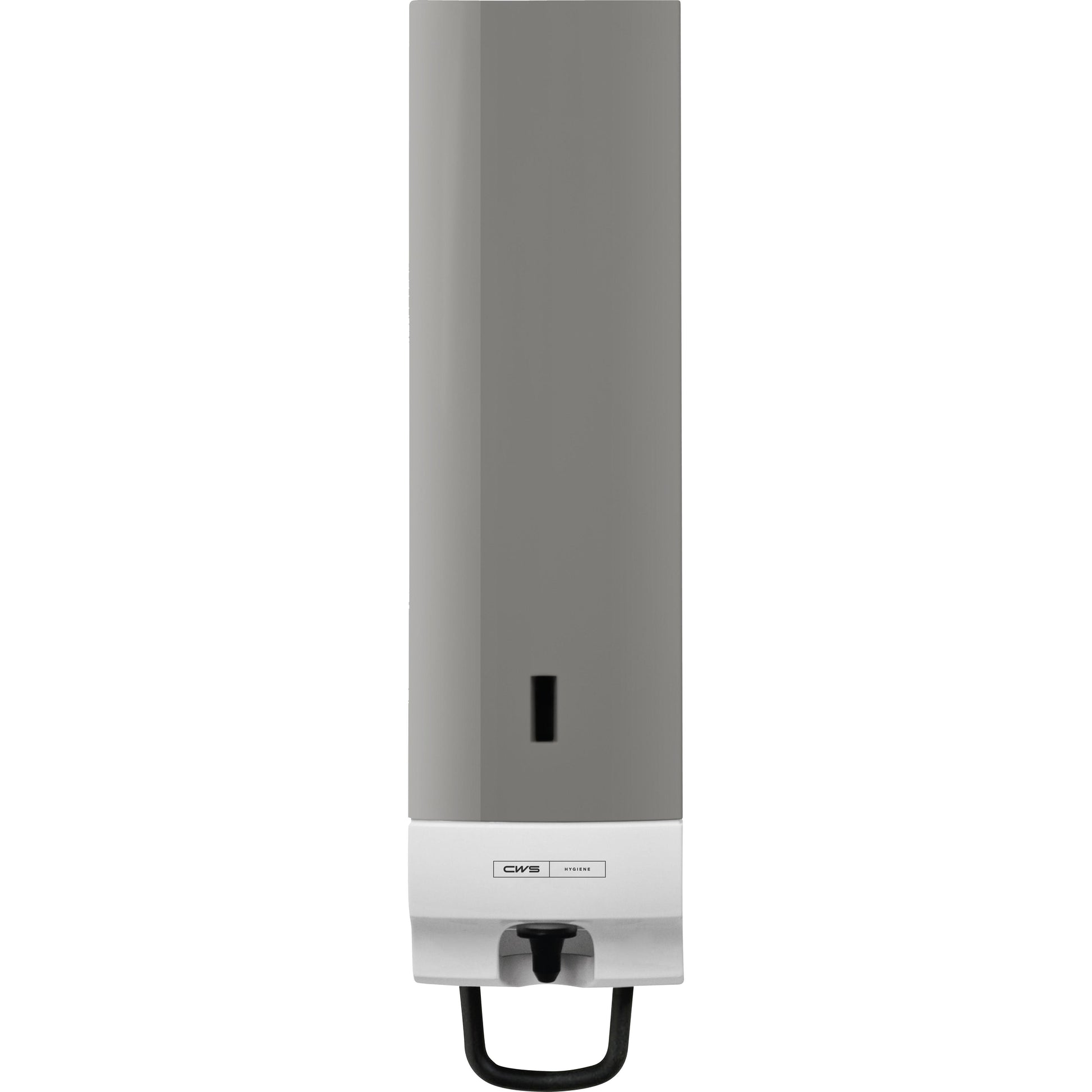 Der CWS Frontpanel für Seifenschaumspender Foam Slim Non-Touch ist ein wandmontierter, rechteckiger Spender mit grauer Front, kleinem vertikalen Fenster und weißem Unterteil mit CWS-Logo.