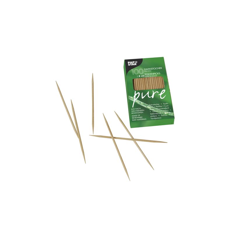 Eine kleine grüne Schachtel mit der Aufschrift „PAPSTAR ‚pure‘“ und mehreren darin verstreuten Holzzahnstochern auf weißem Untergrund. Diese Verpackung im Bambus-Design aus umweltfreundlicher Kartonverpackung unterstreicht, dass diese Holz-Zahnstocher der PAPSTAR GmbH aus natürlichen Materialien gefertigt sind.