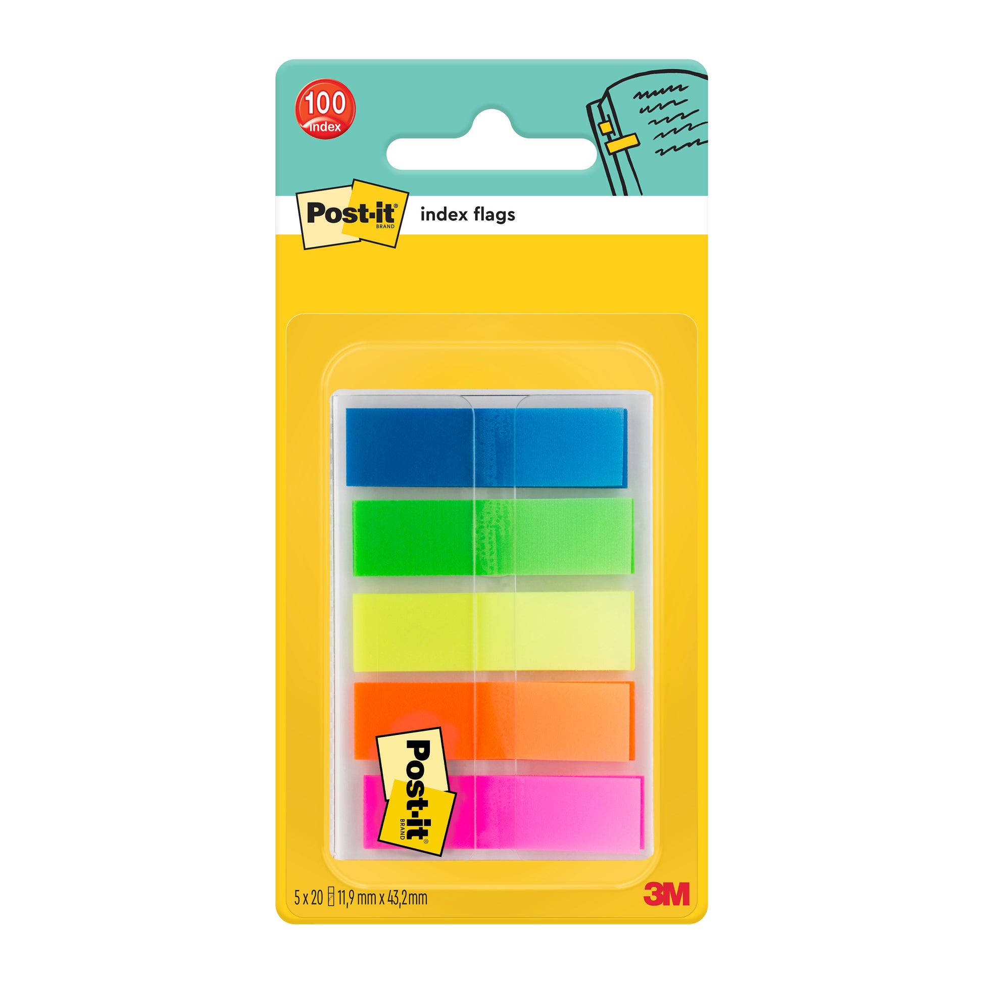 Eine versiegelte Packung Post-it® Index Haftstreifen, Mini (11,9 mm x 43,2 mm) der 3M Deutschland GmbH enthält 100 farbige Streifen in fünf Stapeln, in den Farben blau, grün, gelb, orange und pink. Die Verpackung ist gelb mit Produktangaben.