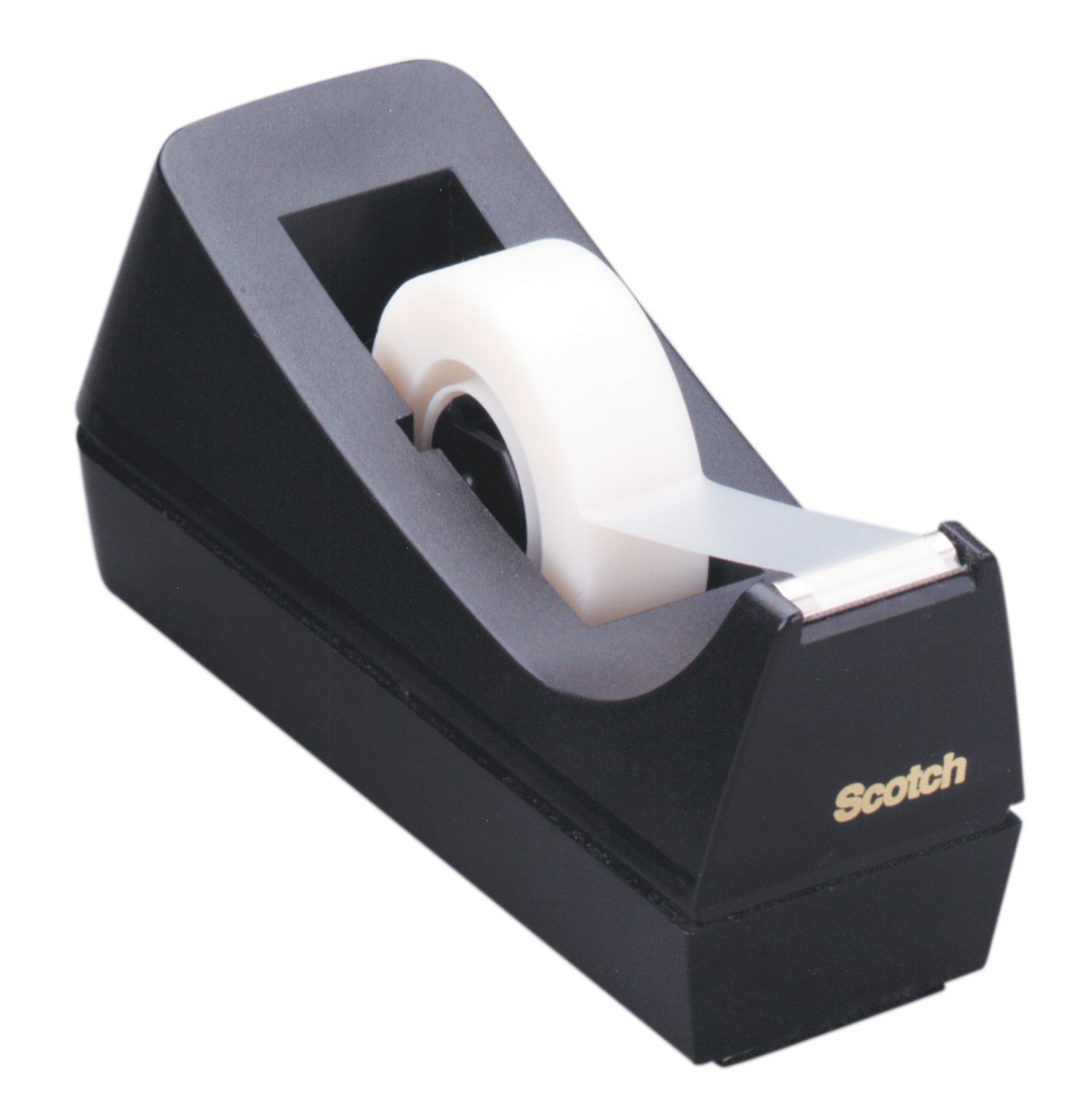 Der Scotch™ Schreibtisch-Klebebandabroller C38 in Schwarz von 3M Deutschland GmbH enthält einen Abroller mit einer Rolle transparentem Klebeband, das teilweise herausgezogen und einsatzbereit ist. Das "Scotch" Logo ist gelb auf der Seite aufgedruckt.