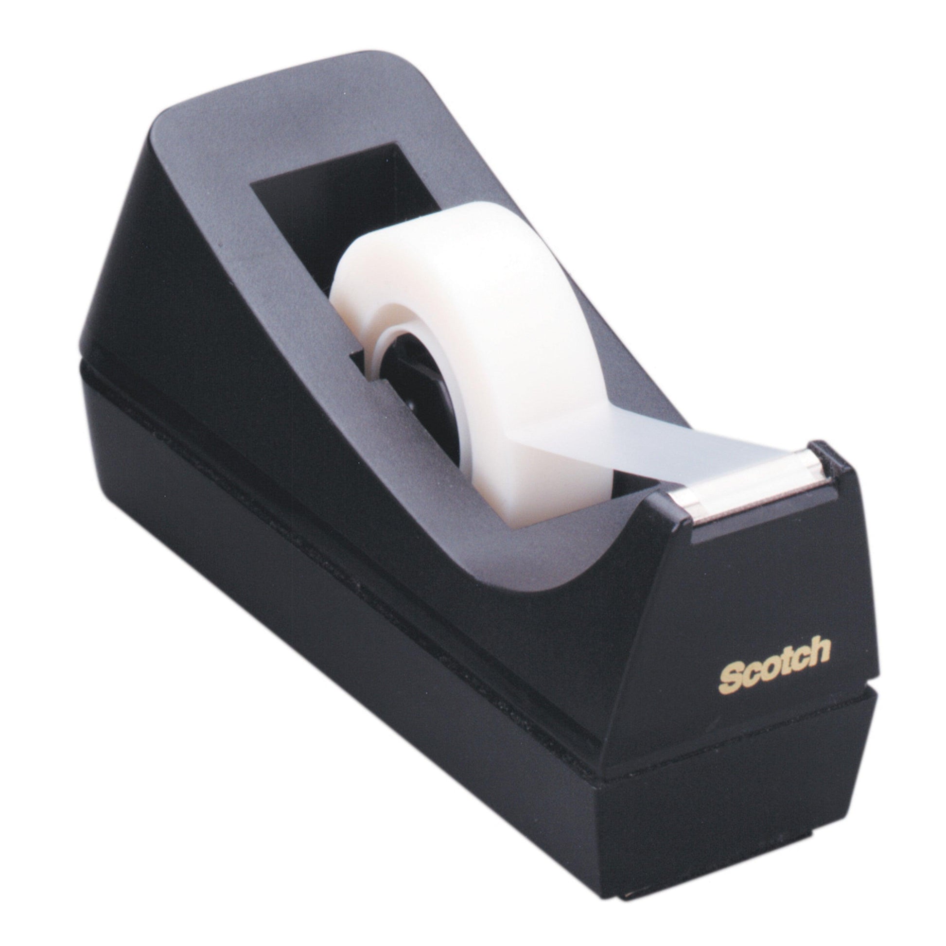 Der Scotch™ Schreibtisch-Klebebandabroller C38 in Schwarz von 3M Deutschland GmbH enthält einen Abroller mit einer Rolle transparentem Klebeband, das teilweise herausgezogen und einsatzbereit ist. Das "Scotch" Logo ist gelb auf der Seite aufgedruckt.