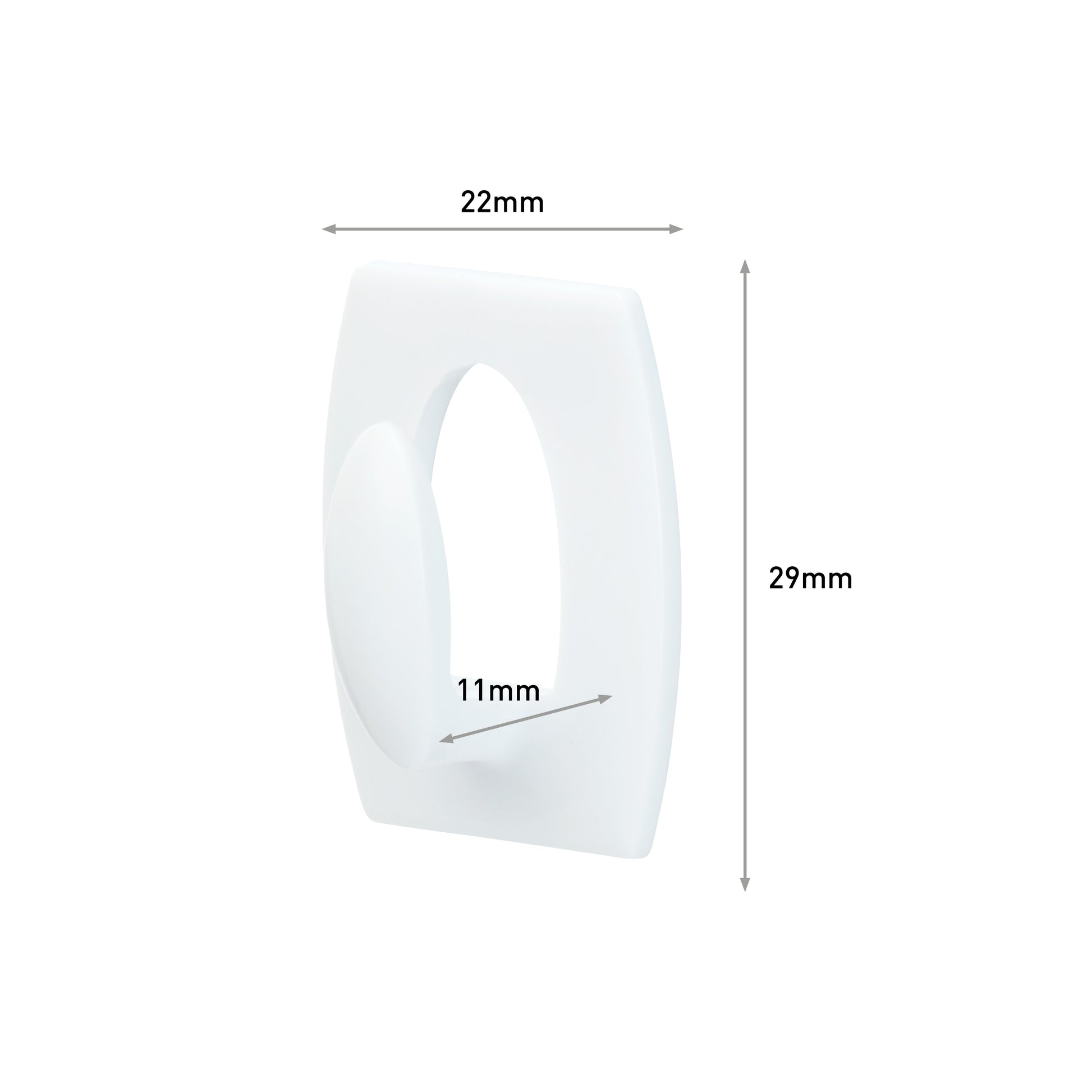 Der Command™ Mini-Haken (17006) von 3M Deutschland GmbH ist ein weißer, rechteckiger Haken mit einer zentralen ovalen Aussparung (11 mm Durchmesser) und einem runden Vorsprung, der 22 mm breit und 29 mm hoch ist. Verkauft in einer Packung mit 1 Stück.