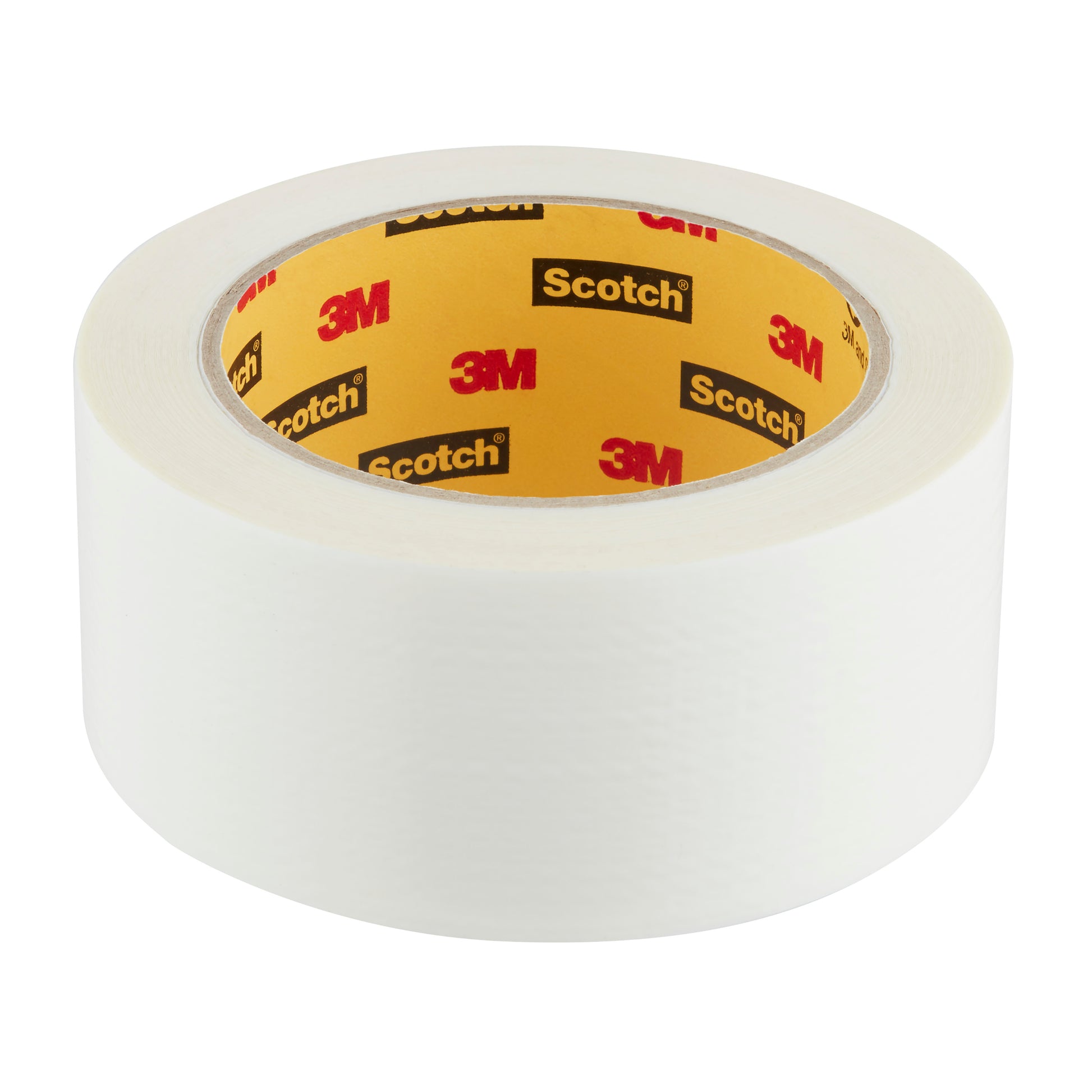 Eine Rolle Scotch® Universal-Klebeband 2904 (25 m x 48 mm) von 3M Deutschland GmbH mit einem weißen Klebeband mit gelbem Kern und rotem "3M"- und schwarzem "Scotch"-Logo auf weißem Hintergrund.