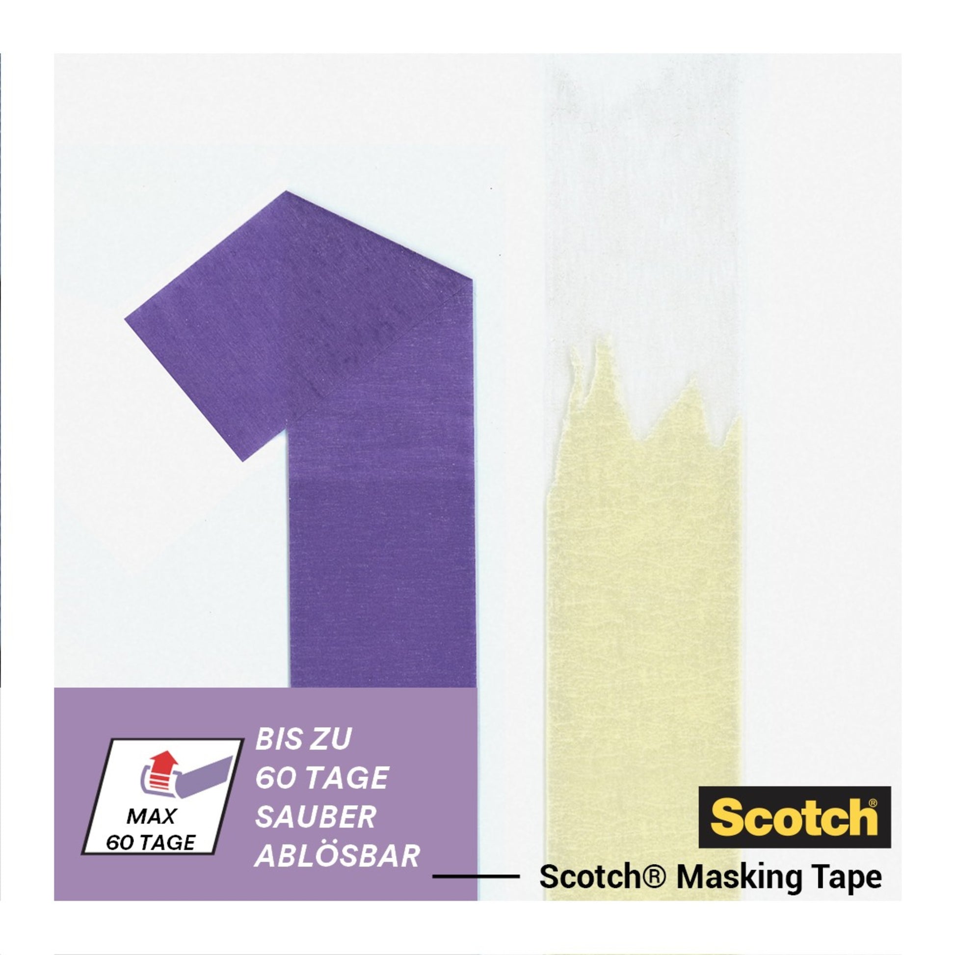 Eine Gegenüberstellung von Scotch® Malerabdeckband für empfindliche Oberflächen (24 mm x 41 m, 1 Rolle) von 3M Deutschland GmbH zeigt links sauberes lila Band und rechts gerissenes gelbes Band; Logo und Text erscheinen unten.