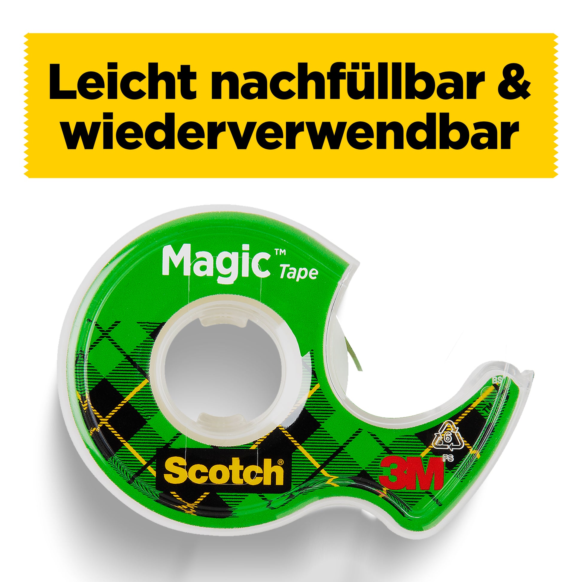 Ein grüner Scotch® Magic™ Unsichtbares Klebeband Spender (Nachfüllpackung, 1 Rolle, 19 mm x 25 m) von 3M Deutschland GmbH ist unter einem gelben Banner mit der Aufschrift "Leicht nachfüllbar & wiederverwendbar" abgebildet. Auf dem Spender ist das 3M-Logo abgebildet.