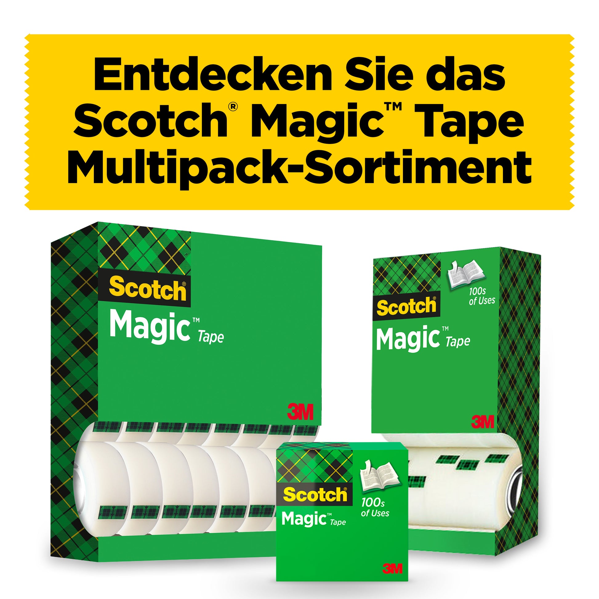 Vor gelbem Hintergrund sind 24 Rollen Scotch® Magic™ Unsichtbares Klebeband (19 mm x 33 m) von 3M Deutschland GmbH im Vorteilspack zu sehen. Darüber steht: "Entdecken Sie das Scotch Magic Tape Multipack-Sortiment.