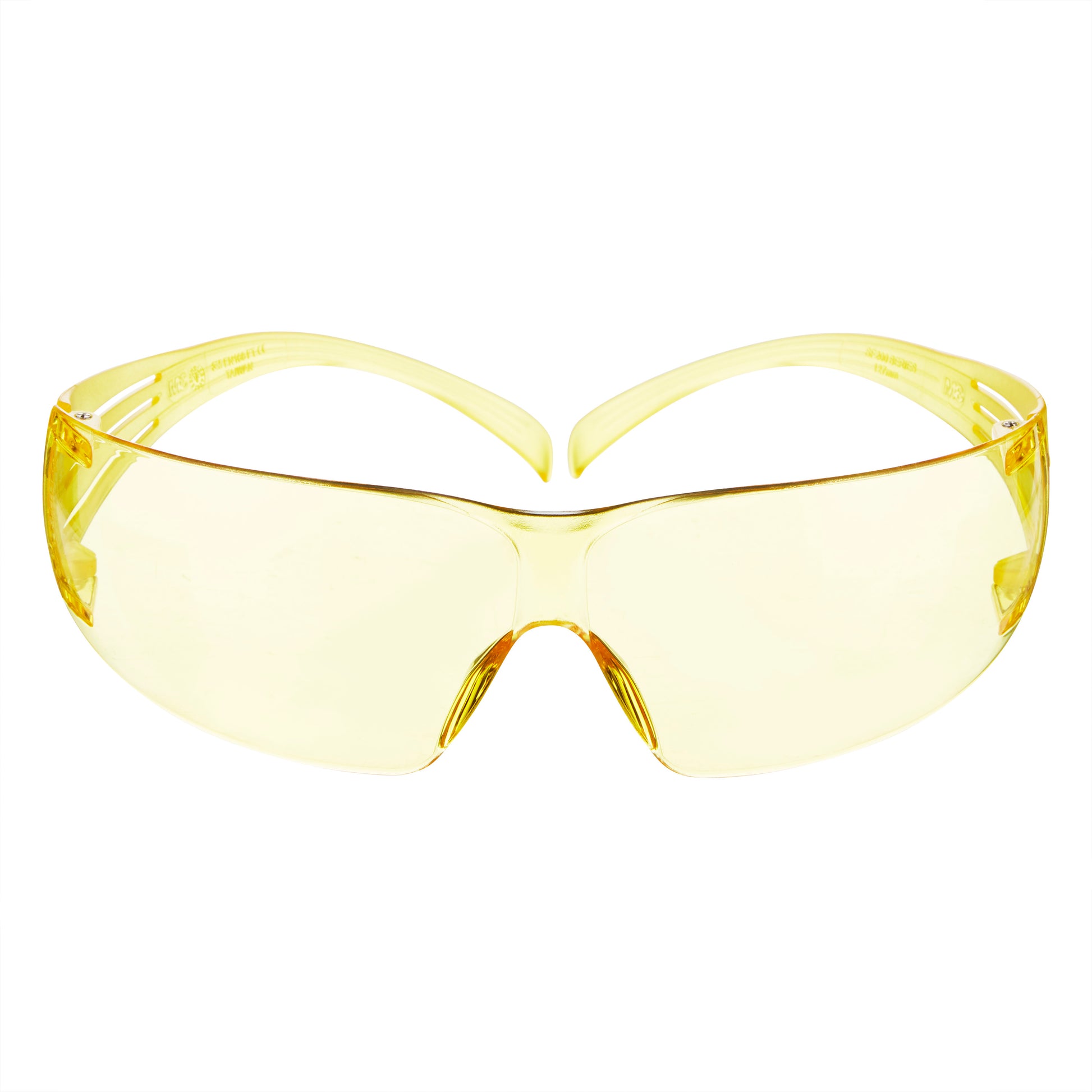 Die 3M™ SecureFit™ Schutzbrille 200 von 3M Deutschland GmbH zeichnet sich durch ein gebogenes, rahmenloses Design mit klaren, umlaufenden Gläsern und gelb getönten Bügeln auf weißem Hintergrund aus.