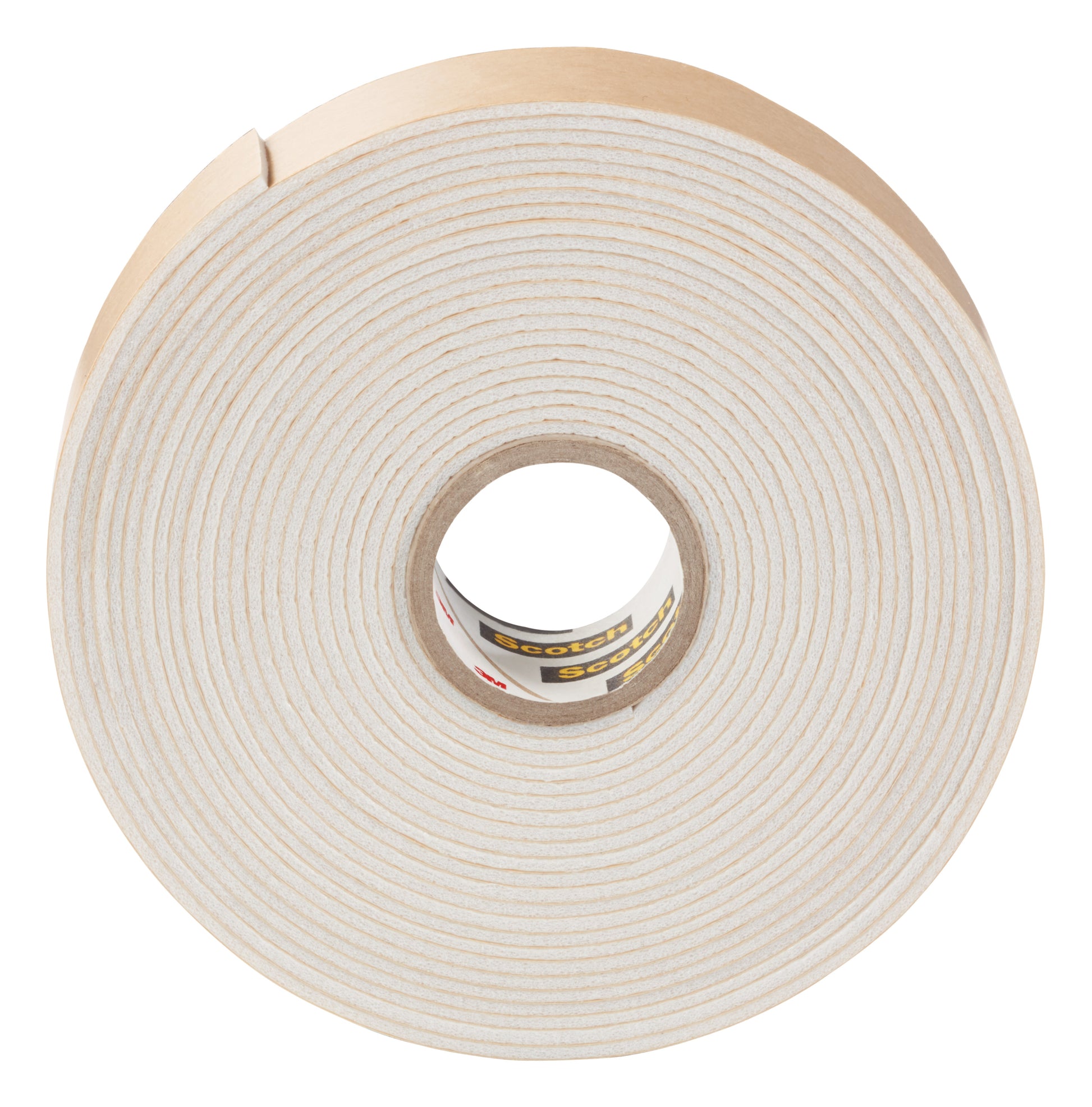 Nahaufnahme einer großen Rolle Scotch-FIX™ Spiegelmontageband 4496W der 3M Deutschland GmbH mit beiger Rückseite und zentralem Loch - perfekt für die sichere Spiegelmontage.