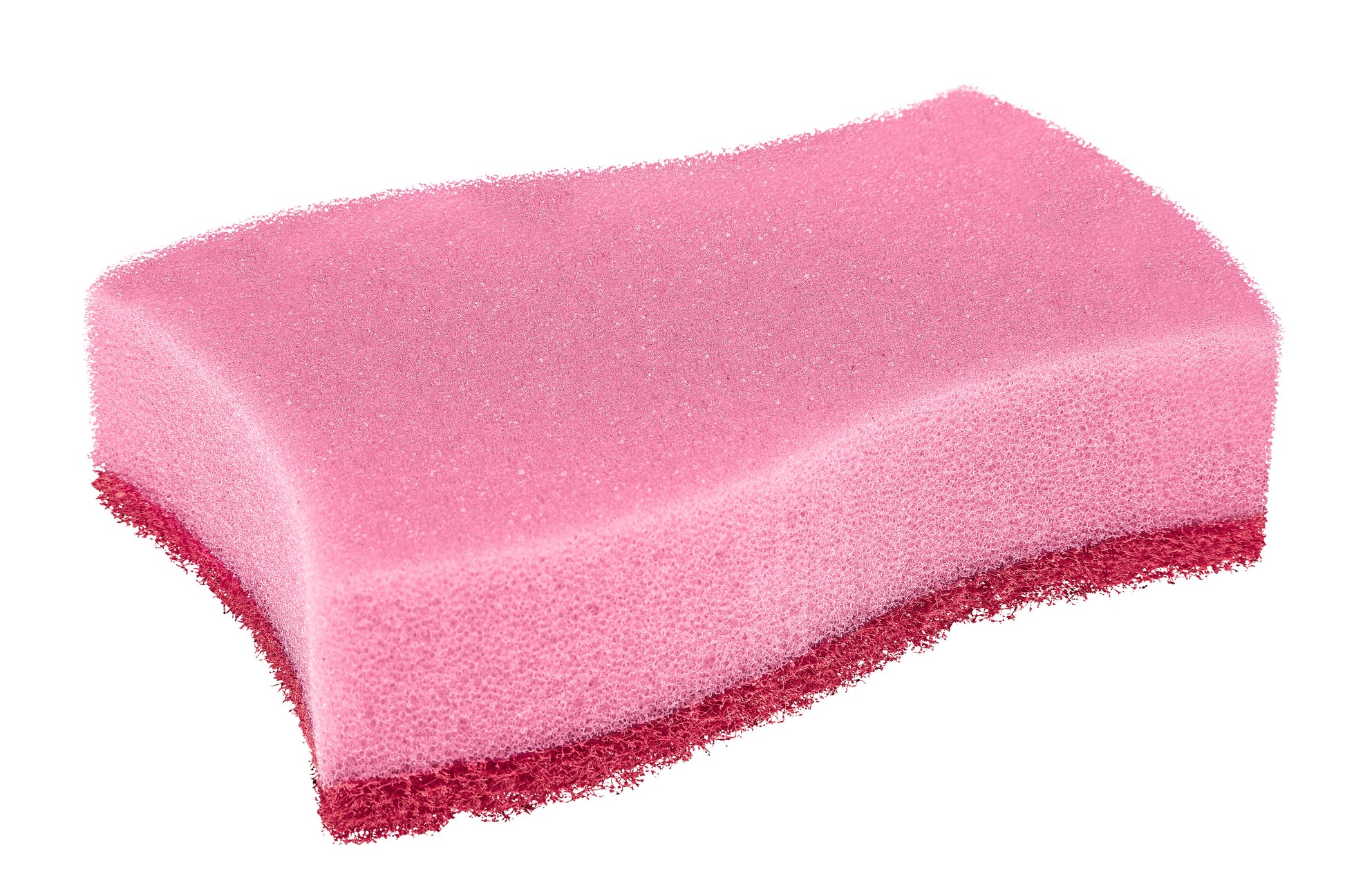 Der Scotch-Brite® Delicate Color kratzfreie Reinigungsschwamm der 3M Deutschland GmbH besteht aus einem rosa Schwamm und einer strukturierten, dunkelroten Scheuerschicht, die als 2er-Packung (auch einzeln erhältlich) auf weißem Hintergrund verkauft wird.