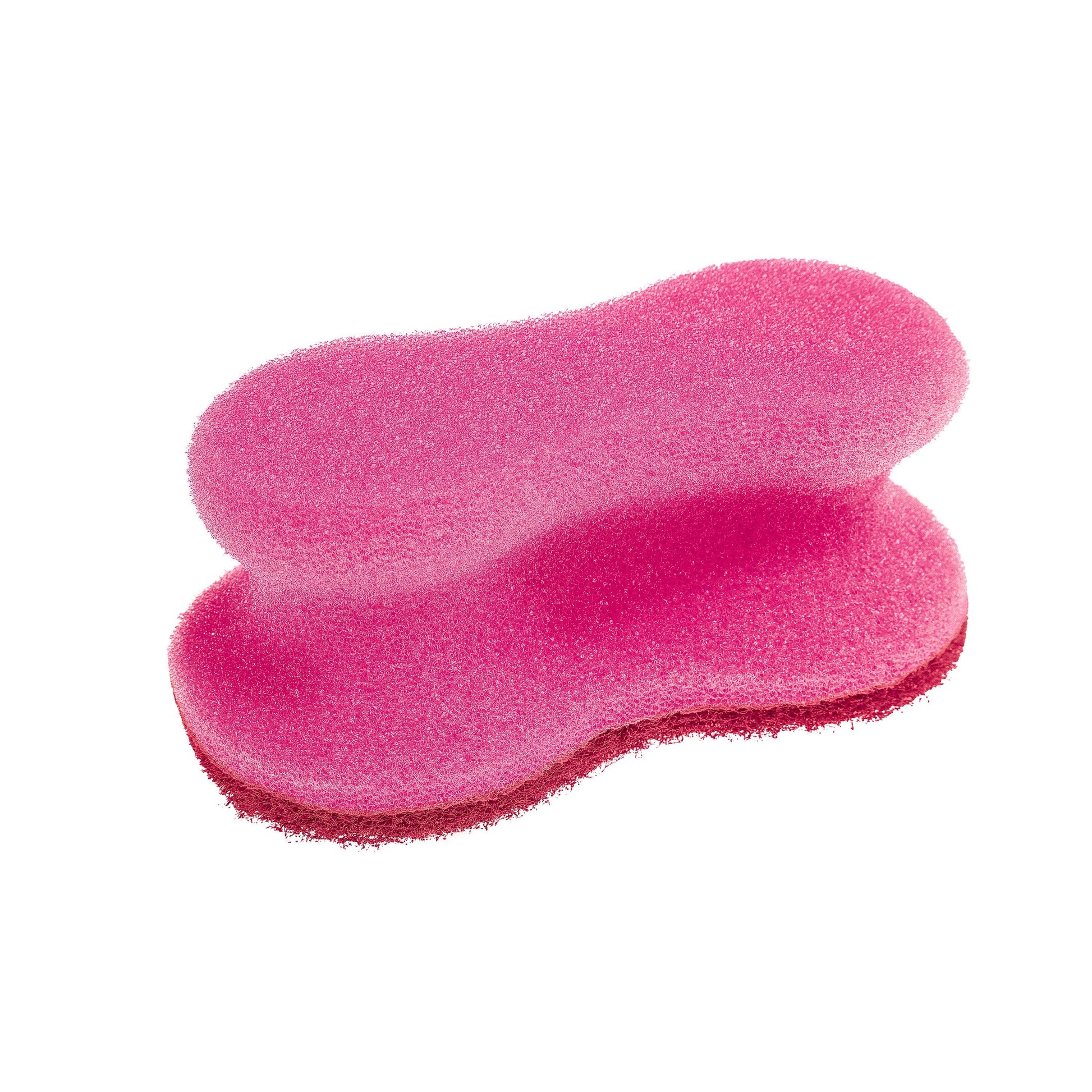 Nahaufnahme eines 3M Deutschland GmbH Scotch-Brite® Delicate Color Comfort nicht kratzenden rosa Schwammes, doppellagig mit ergonomischer Wellenform, isoliert auf weißem Untergrund. Packung enthält 2 Stück (1 Stück pro Packung).
