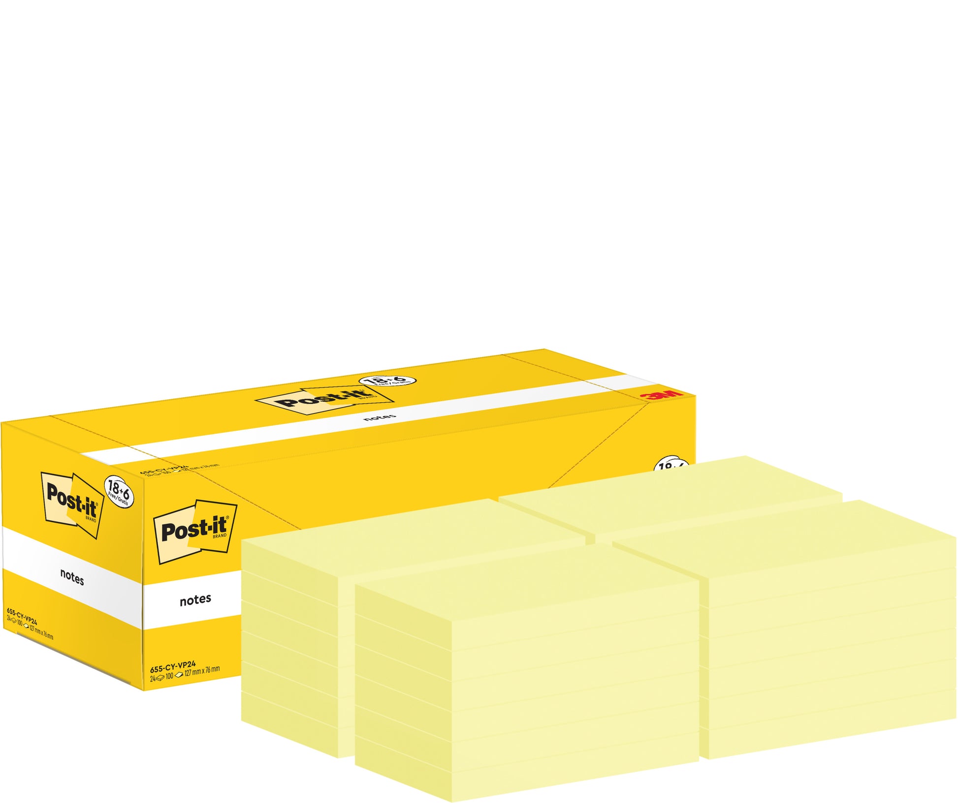 Ein gelber Karton mit der Aufschrift "Post-it® Notes, 76 x 127 mm, 100 Blatt/Block" der 3M Deutschland GmbH steht neben mehreren Stapeln gelber Haftnotizen. Die Packung enthält 18 Blöcke plus 6 kostenlose, PEFC-zertifizierte.
