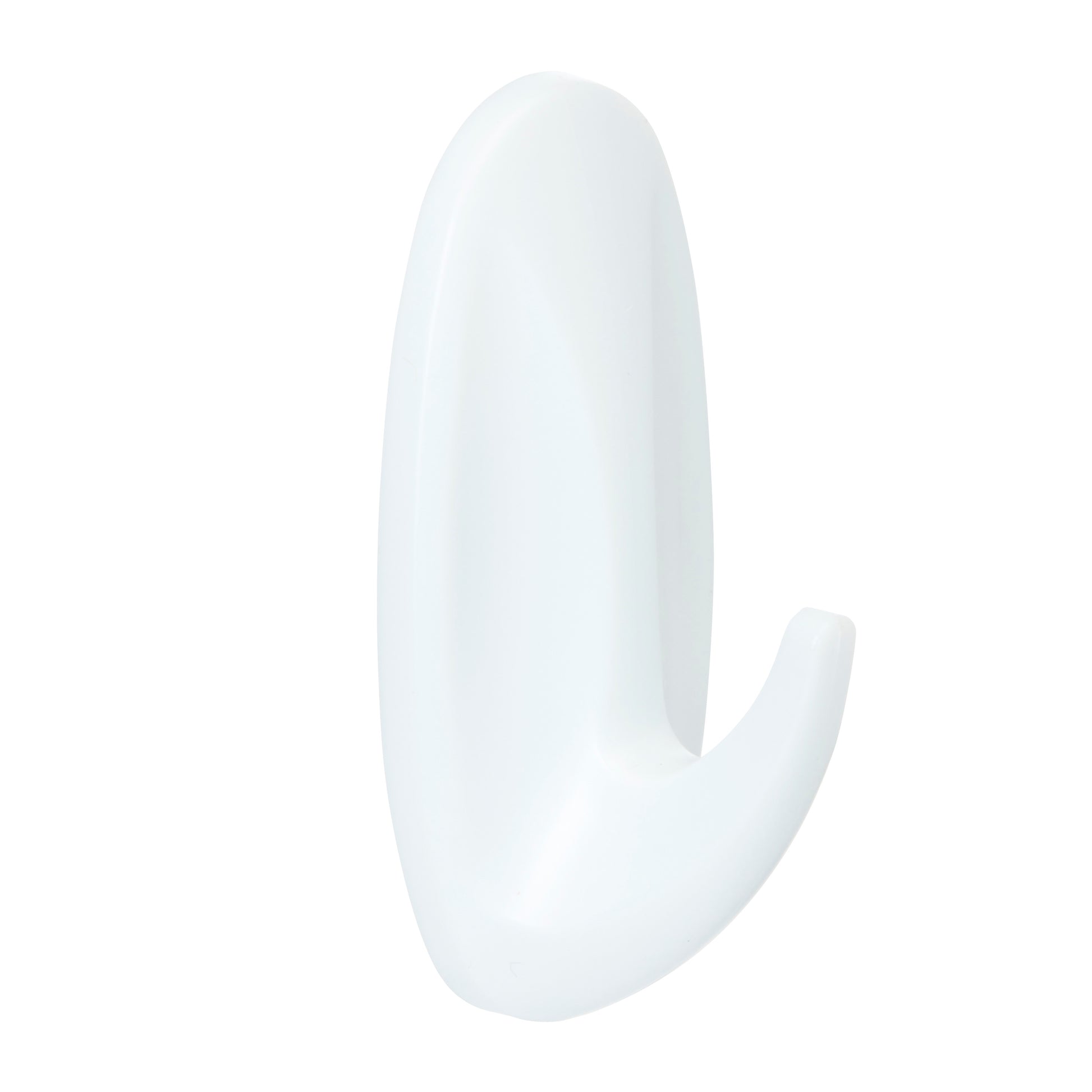 Der Command™ Small Designer-Haken, 17082 von 3M Deutschland GmbH ist ein weißer Kunststoff-Wandhaken mit einem schlichten geschwungenen Design, abgebildet auf einem schlichten weißen Hintergrund. Die Packung enthält 1 Stück.