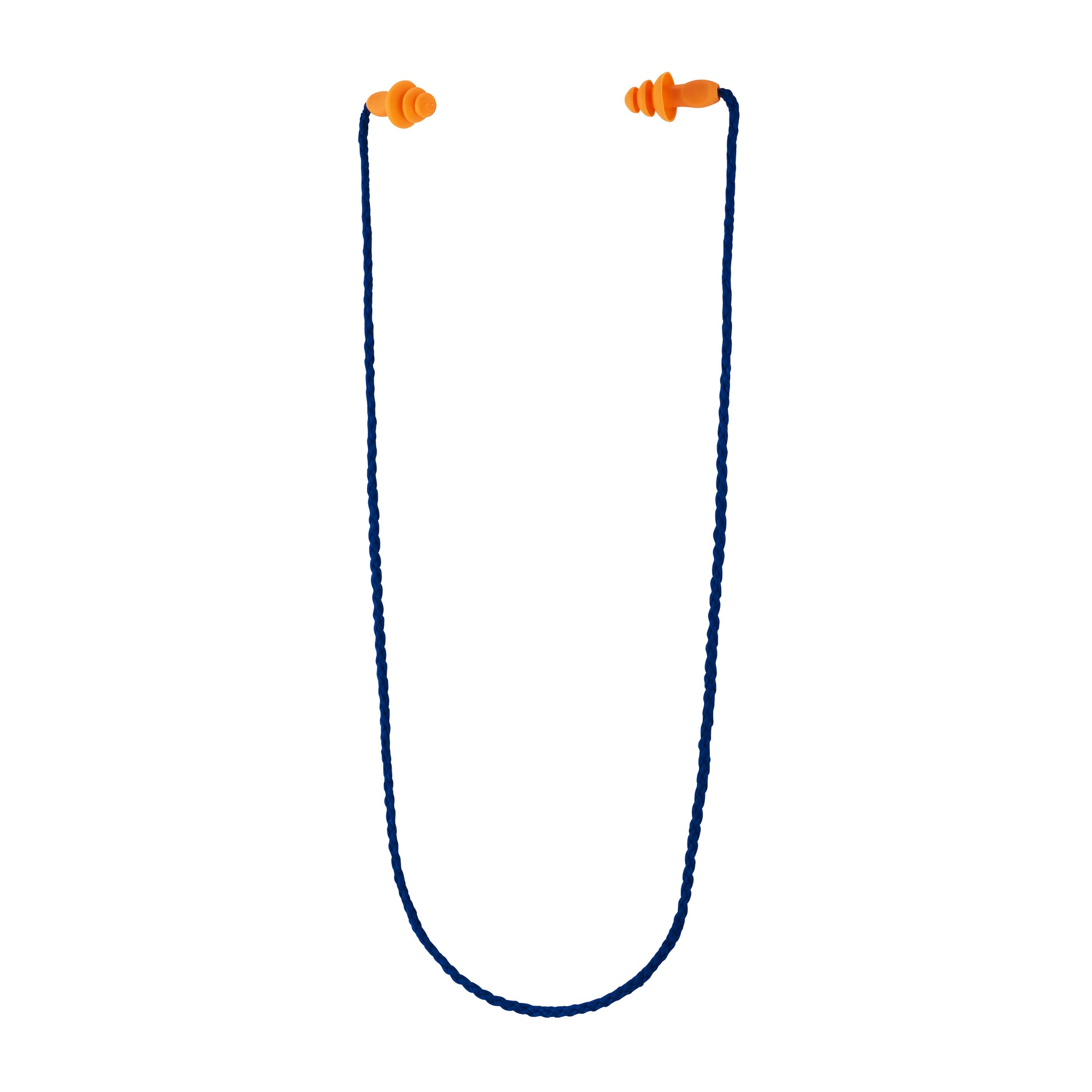 Der 3M™ Gehörschutzstöpsel mit Kordel 1271, orange mit dunkelblauer Kordel, Drei-Flansch-Design, wiederverwendbar, SNR-Wert 26 dB, von 3M Deutschland GmbH - als einzelnes Paar vor weißem Hintergrund.