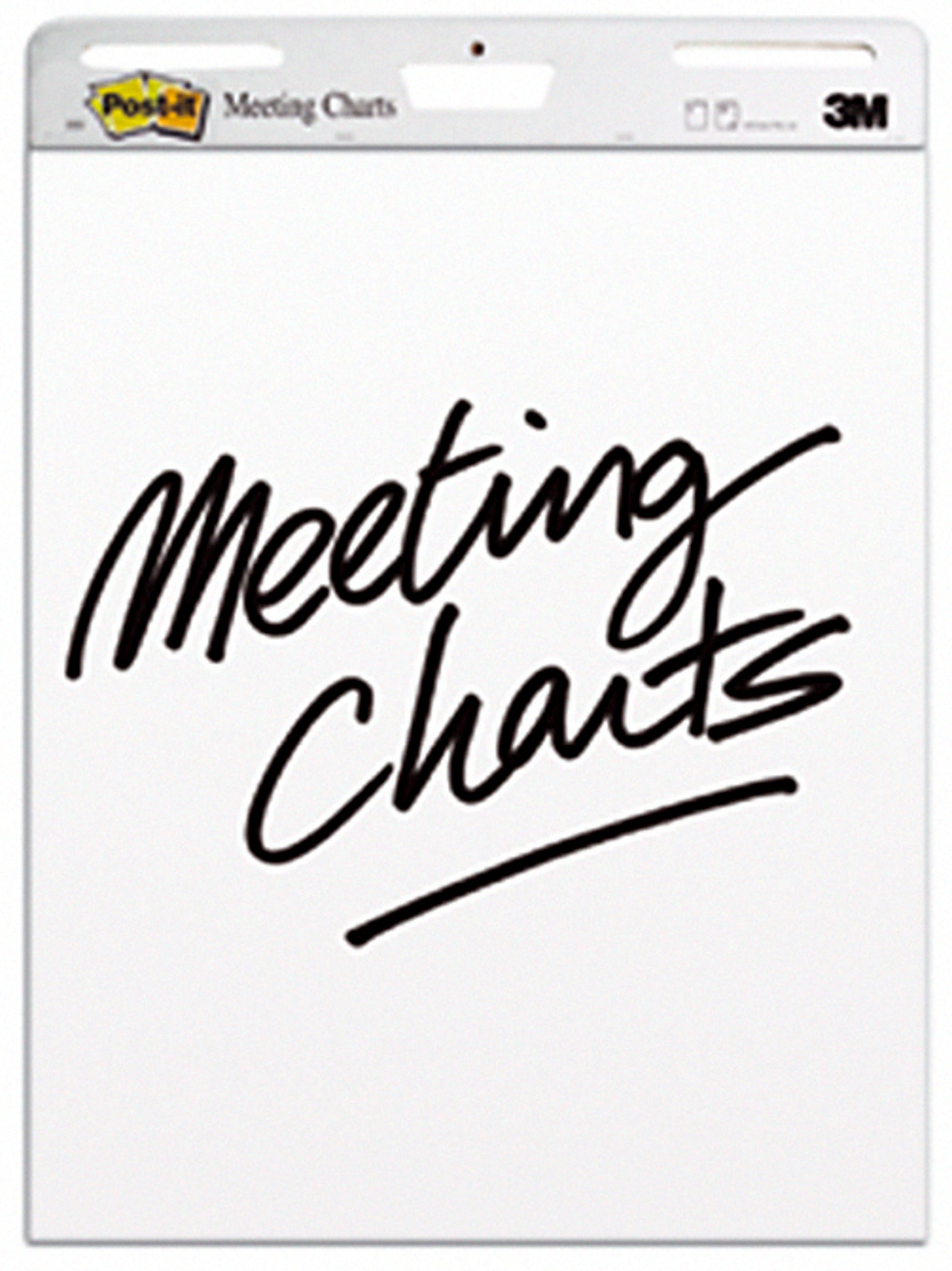 Ein großes weißes Post-it® Super Sticky Meeting Chart/Flipchart (63,5 x 76,2 cm, 30 Blatt/Block, 2 Blöcke/Packung) der 3M Deutschland GmbH, mit "Meeting Charts" in schwarzer Schrift und dem 3M Logo oben rechts.