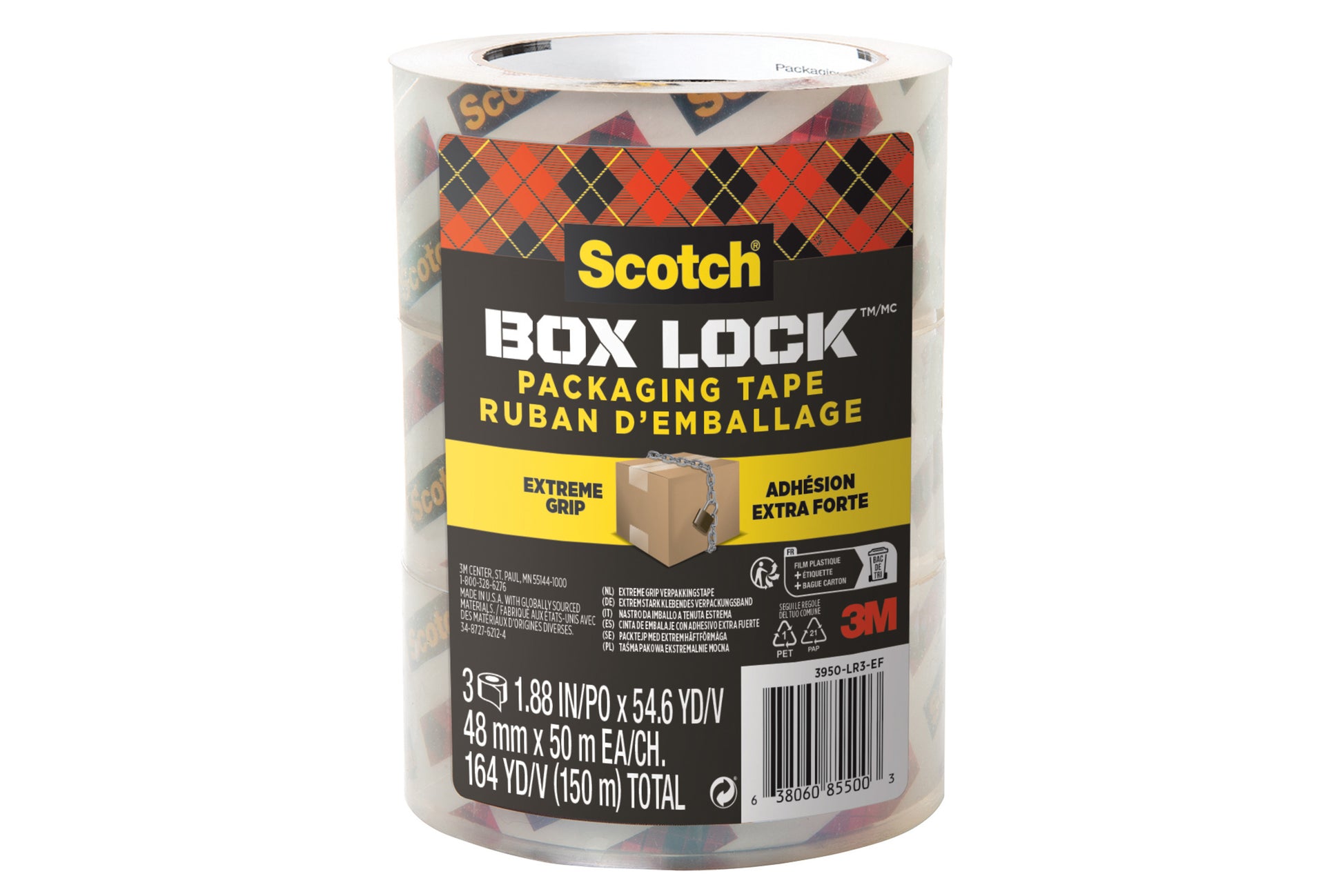 Eine Rolle 3M Scotch® Box Lock™ Verpackungsklebeband 3950-LR3-DC (48 mm x 50 m) mit einem schwarz-gelben, zweisprachigen Etikett ("Extreme Grip") sowie einer Verpackungsabbildung. Verkauft in einer Packung mit 3 Rollen von 3M Deutschland GmbH.