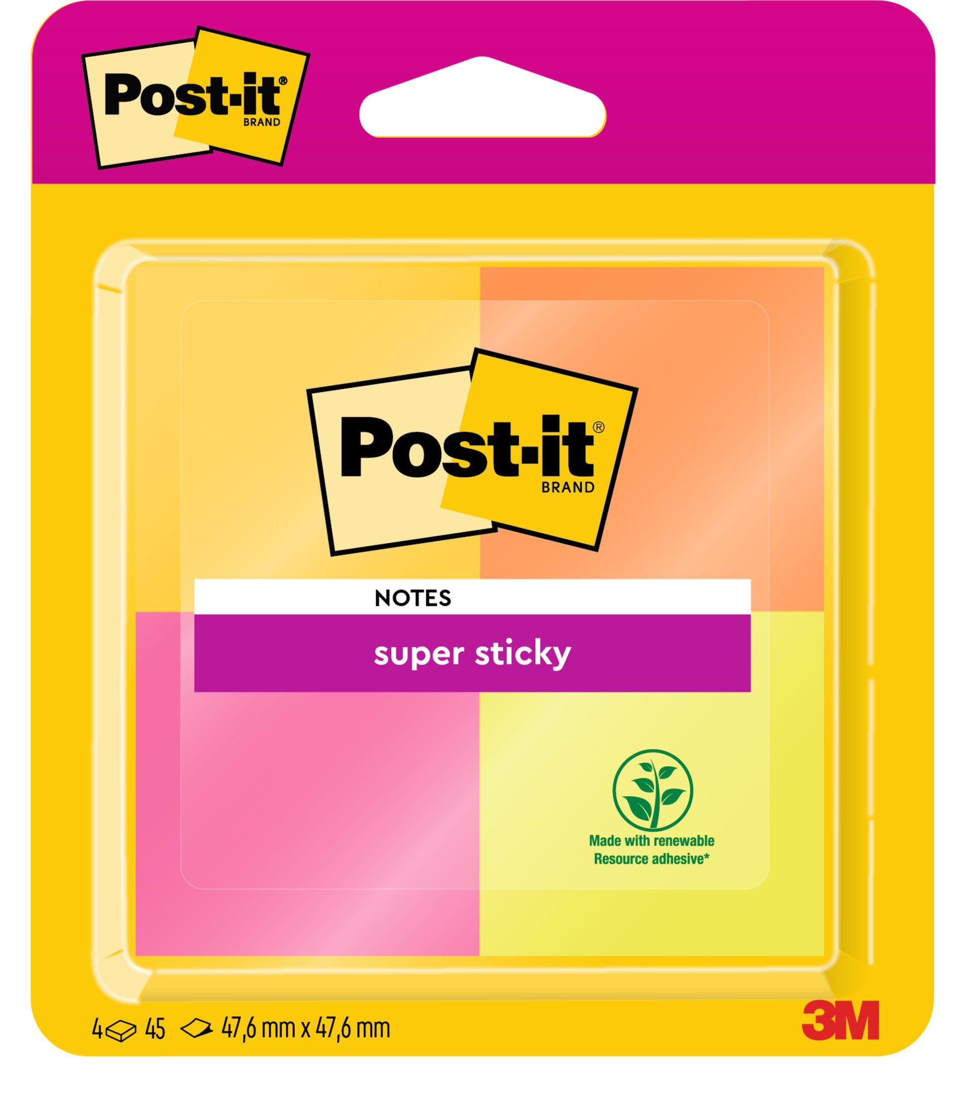 Eine Packung Post-It® Super Sticky Notes der 3M Deutschland GmbH enthält 4 Blöcke in verschiedenen Farben, jeder Block mit 45 Blatt (47,6 mm x 47,6 mm), PEFC-zertifiziert und mit einem Symbol für erneuerbare Klebstoffe auf der Verpackung.