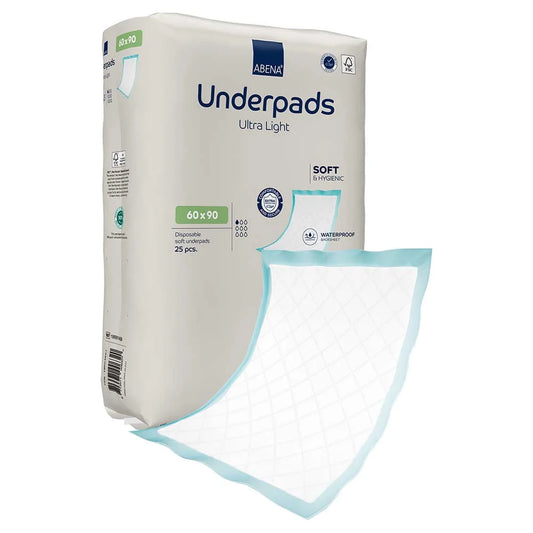 Eine Packung Abena Re-Seller GmbH Einweg-Unterlage Ultra light, Flocken/PE, 60x90 cm (25 Paar), mit weichen, hygienischen und wasserdichten Einmaleinlagen mit blauem Rand auf der Verpackung.