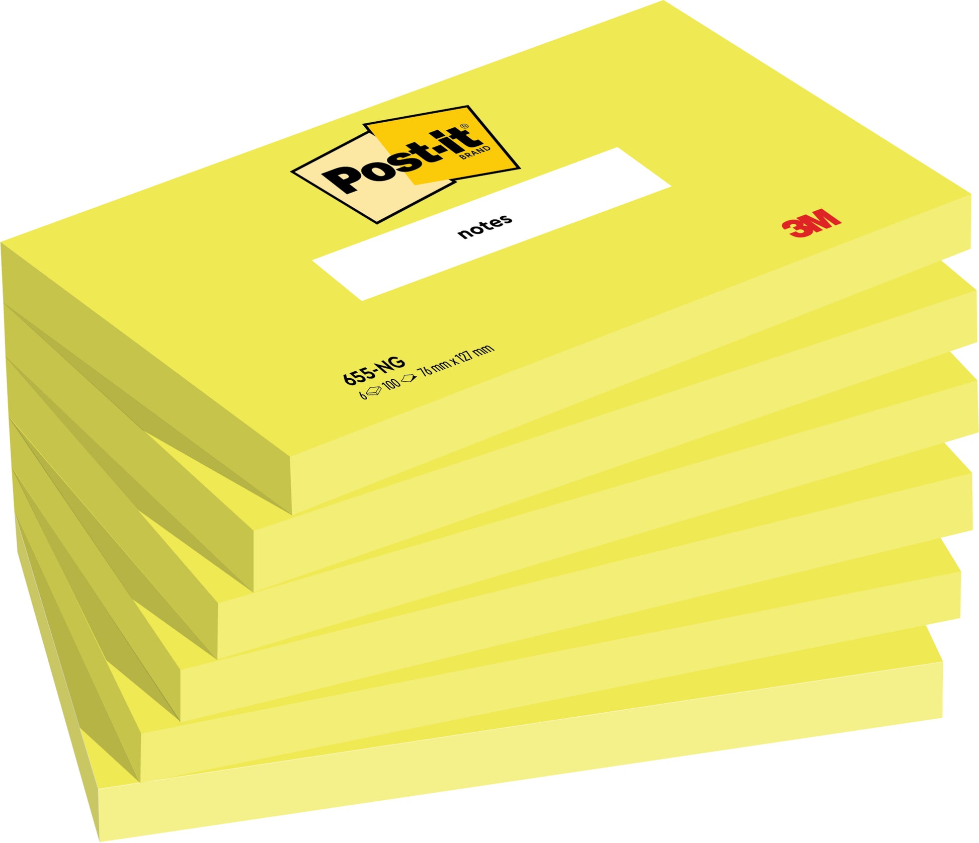 Abgebildet ist ein Stapel von sechs gelben Post-it® Notizzetteln (76 mm x 127 mm, 100 Blatt/Block, 100% PEFC) der 3M Deutschland GmbH, jeweils mit dem Post-it-Logo auf der Oberseite und der Beschriftung "Notizen" auf dem Block.