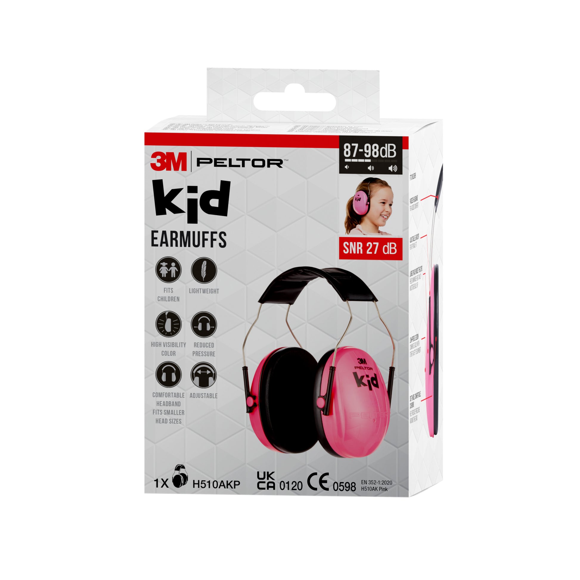 Abgebildet ist eine Schachtel mit 3M™ PELTOR™ Kapselgehörschutz für Kinder (SNR 27 dB) der 3M Deutschland GmbH. Die überwiegend weiß und rosa gehaltene Verpackung zeigt den Kapselgehörschutz und ein Kind, das ihn trägt.