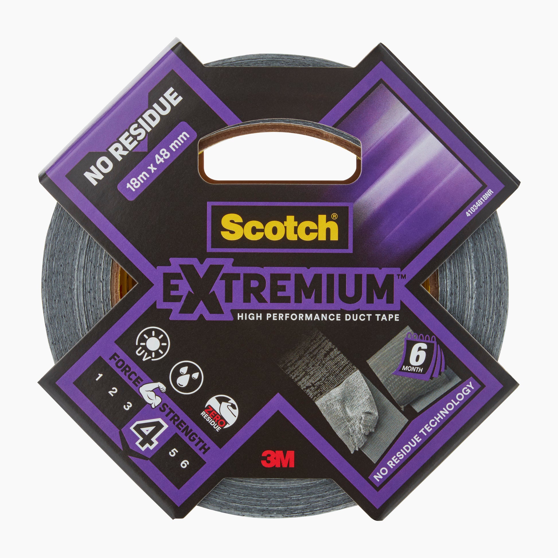 Eine Rolle 3M Scotch® Extremium™ No Residue Hochleistungs-Gewebeklebeband, 18,2 m x 48 mm, in einer Verpackung der 3M Deutschland GmbH, die für starken Halt und fortschrittliche 6-monatige rückstandsfreie Technologie steht.