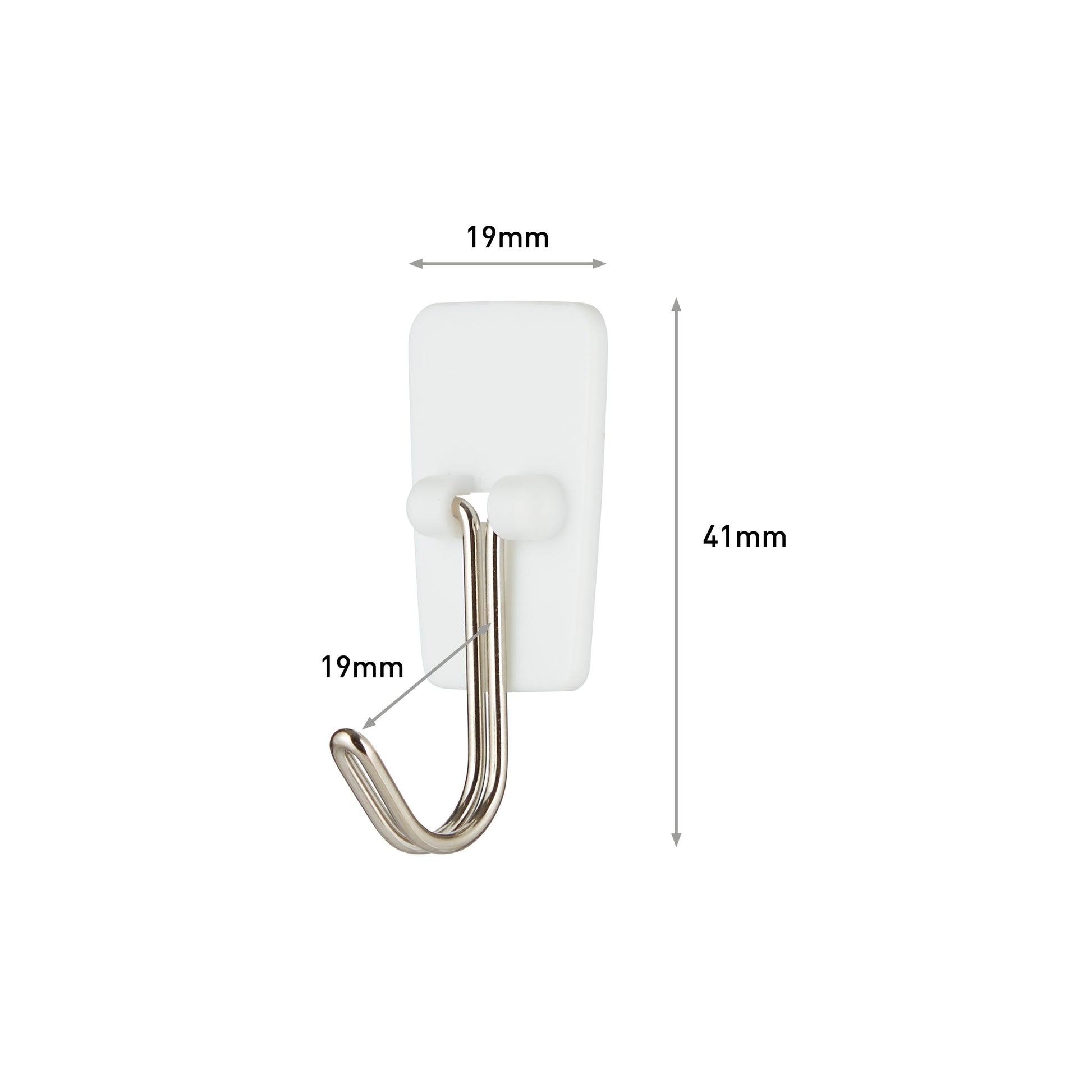 Der Command™ Small Drahthaken, 17067 von 3M Deutschland GmbH ist ein weißer Wandhaken mit einem metallischen J-förmigen Aufhänger, mit einer Basis von 19 mm Breite und 41 mm Höhe. Der Haken ragt 19 mm aus der Basis heraus und hat einen schlichten weißen Hintergrund.