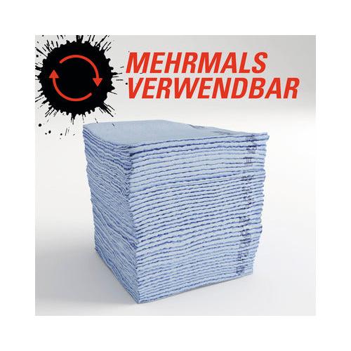 Ein Stapel blauer WypAll® ForceMax PowerClean Viertelgefaltete Tücher (1 Spenderbox x 40 Blatt) der Kimberly-Clark GmbH erscheint vor einer Grafik mit einem kreisförmigen Pfeil und "MEHRMALS VERWENDBAR" in Deutsch.