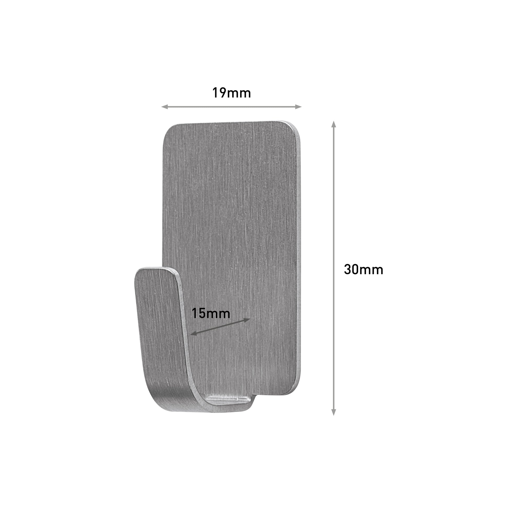 Der Command™ Edelstahl-Metallhaken Größe S (19mm x 30mm x 15mm) von 3M Deutschland GmbH ist auf weißem Hintergrund abgebildet; Packung enthält 4 Haken und 5 Strips (17031SS-4ES).