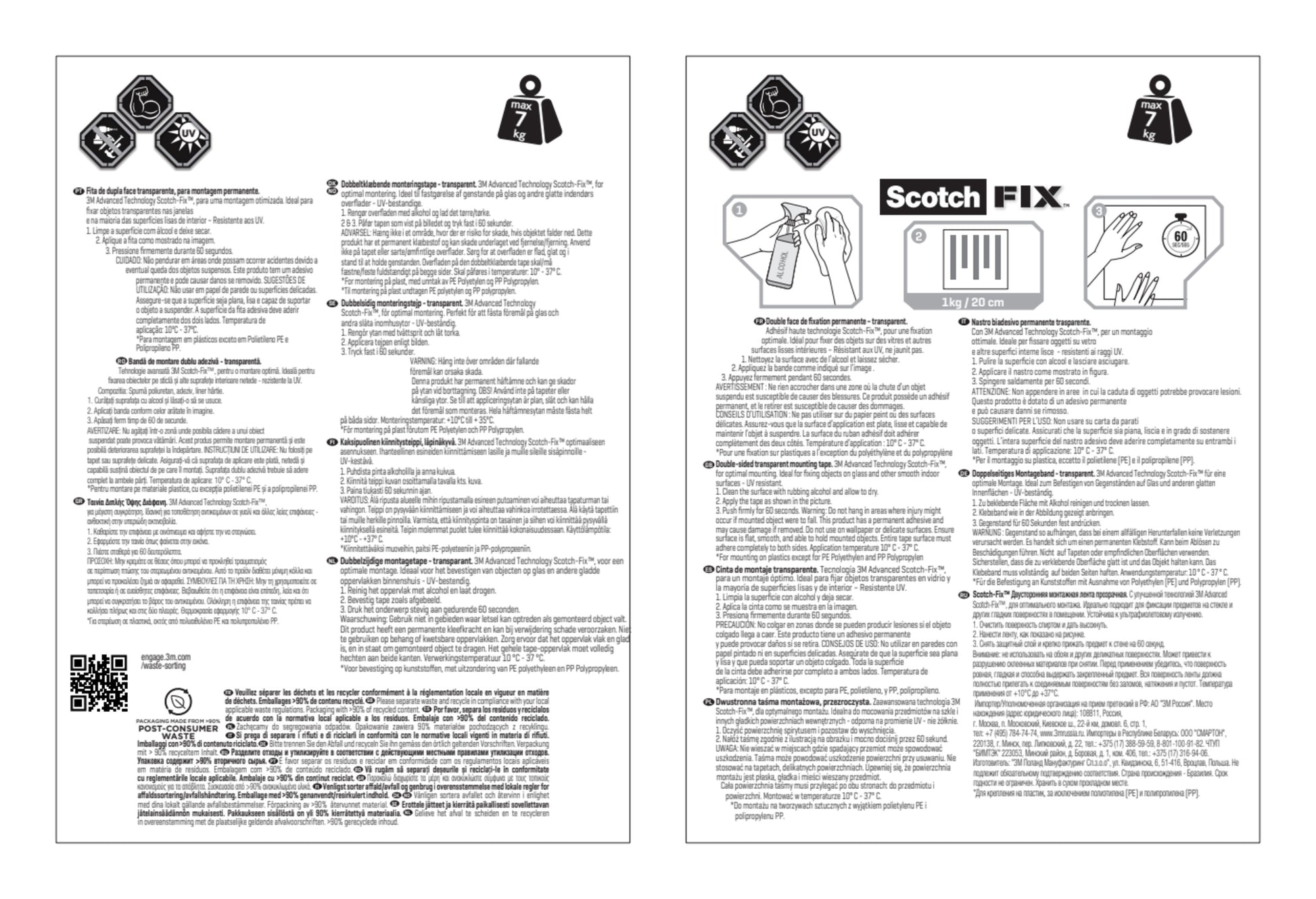 Gebrauchsanweisung für das Scotch-FIX™ Transparentes doppelseitiges Montageband 4910C der 3M Deutschland GmbH, mit zwei Seiten mit einem 7kg-Limitsymbol, Anwendungsbildern und mehrsprachigen Sicherheitshinweisen.