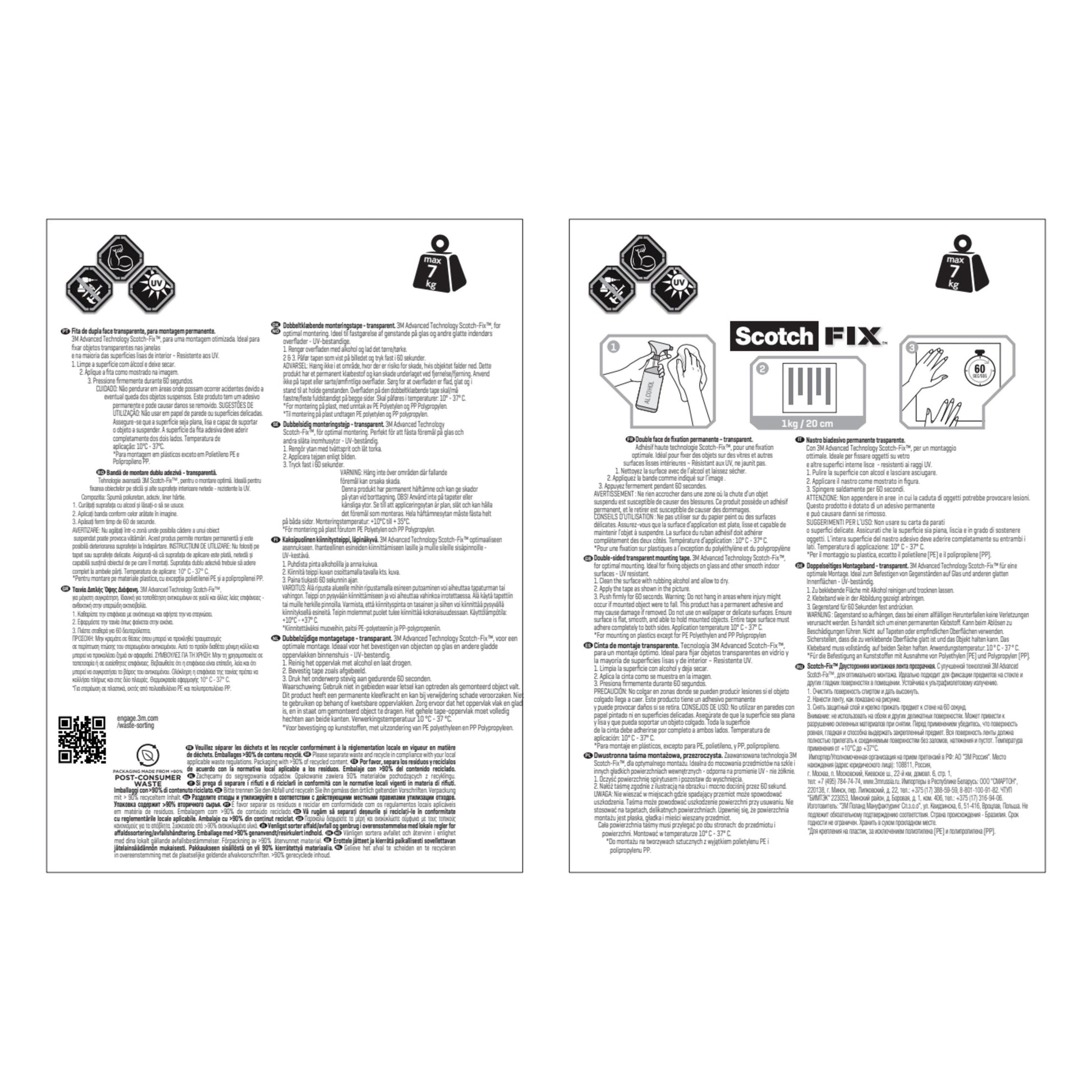 Gebrauchsanweisung für das Scotch-FIX™ Transparentes doppelseitiges Montageband 4910C der 3M Deutschland GmbH, mit zwei Seiten mit einem 7kg-Limitsymbol, Anwendungsbildern und mehrsprachigen Sicherheitshinweisen.