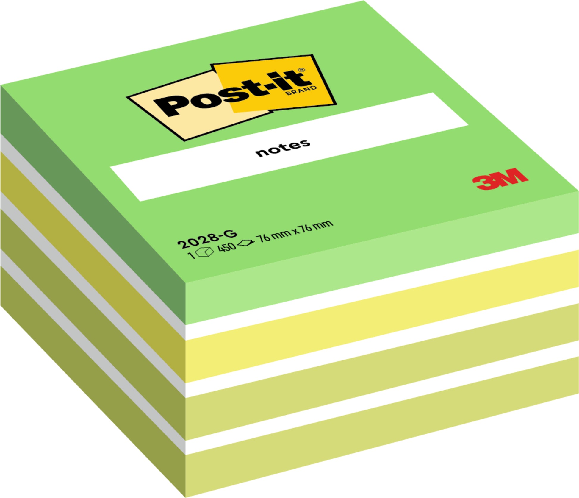 Ein Stapel grüner und gelber Post-it® Haftnotizen Würfel (76 mm x 76 mm, 450 Blatt/Block, 100% PEFC) der 3M Deutschland GmbH, mit dem Post-it Logo und Produktangaben auf der Verpackung.