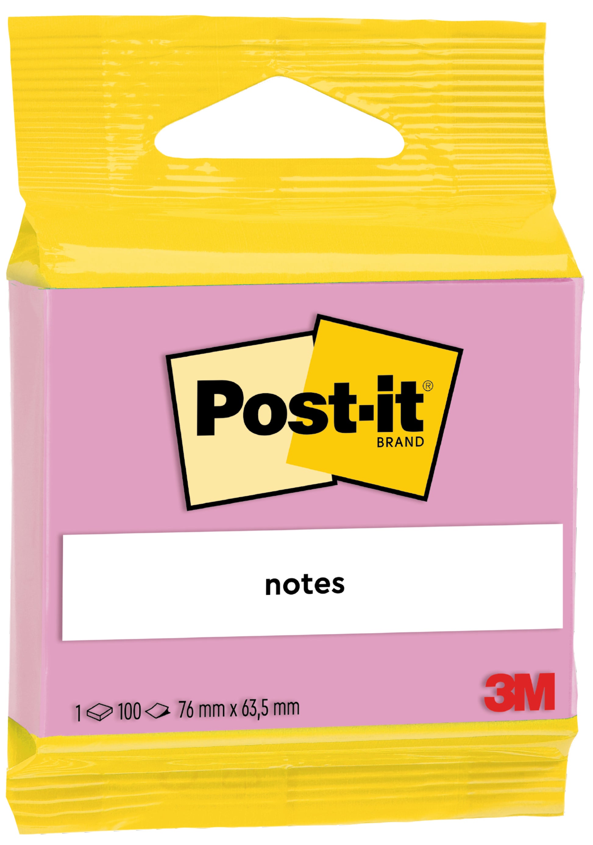 Eine Packung 3M Post-it® Notes (63,5 x 76 mm, 100 Blatt) der 3M Deutschland GmbH, 100% PEFC-zertifiziert, mit gelber Oberseite, rosa Vorderseite, "notes" und "Haftnotizen" auf dem Etikett und dem roten 3M-Logo unten rechts.