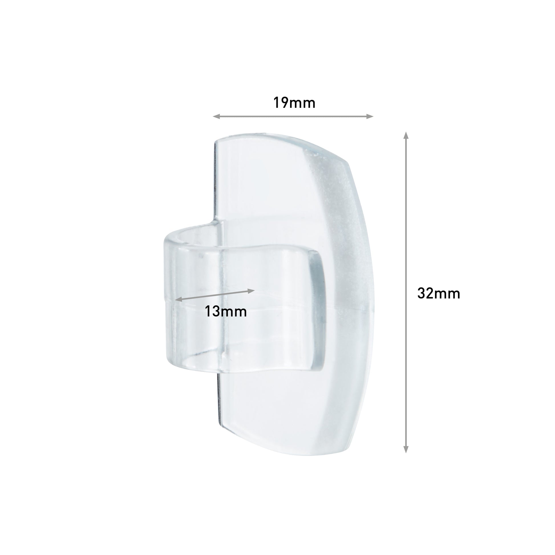 Die Command™ transparente Clips für runde Kabel (3M Deutschland GmbH) sind von der Seite auf einem schlichten weißen Hintergrund abgebildet, mit beschrifteten Abmessungen: 19 mm Breite, 32 mm Höhe und 13 mm Tiefe. Die Packung enthält 4 Clips + 5 Streifen.