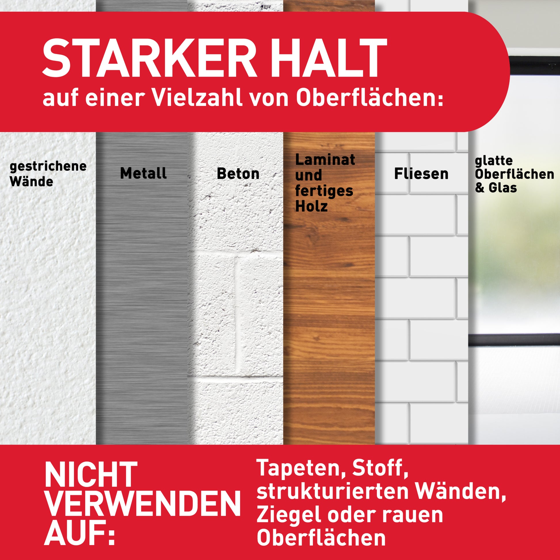 Eine Grafik für Command™ Dekorations-Clips, transparent (3M Deutschland GmbH), zeigt starken Halt auf gestrichenen Wänden, Metall, Beton, Laminat, fertigem Holz, Fliesen, glatten Oberflächen und Glas; nicht empfohlen für Tapeten, Stoff, strukturierte Wände und raue Ziegel.