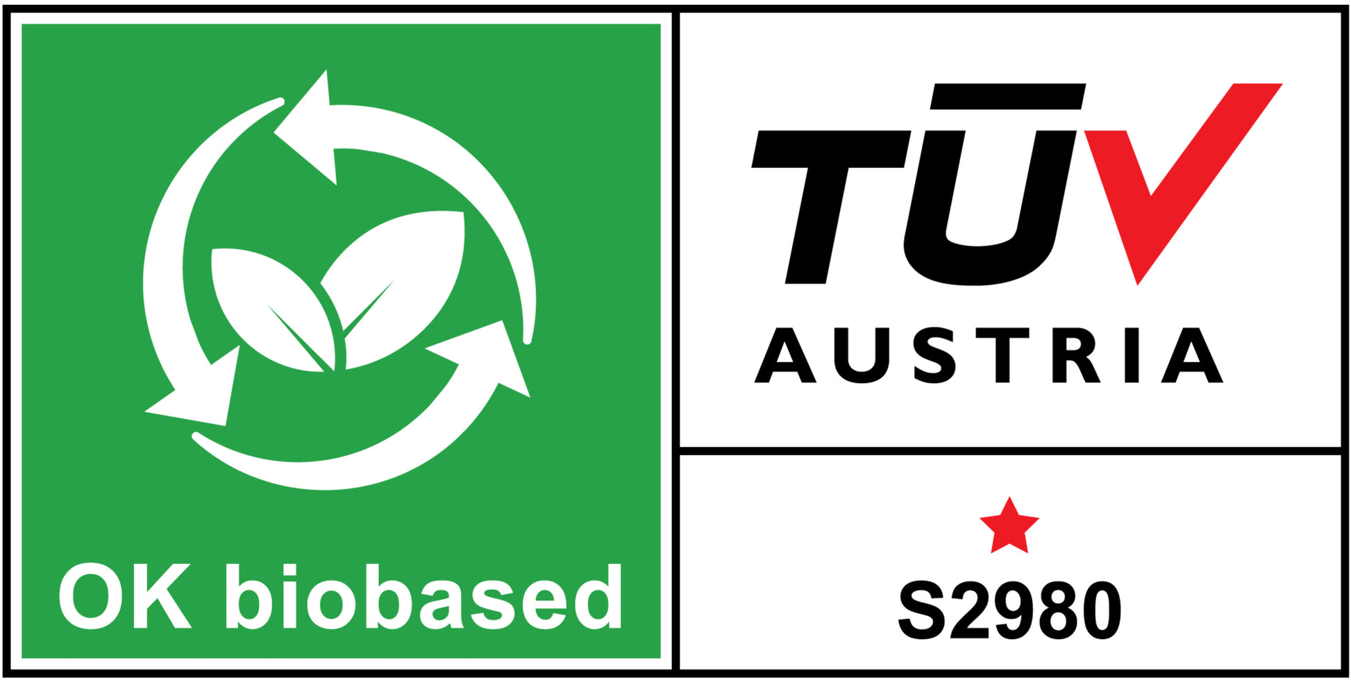 Der Scotch™ Tischabroller im Hunde Design C31 + Scotch® Magic™ Klebeband (3M Deutschland GmbH) hat eine "OK biobased"-Plakette mit grünem Quadrat, Recycling-Pfeilen, Blatt, TÜV AUSTRIA-Logo, rotem Stern und Code "S2980" auf Weiß.