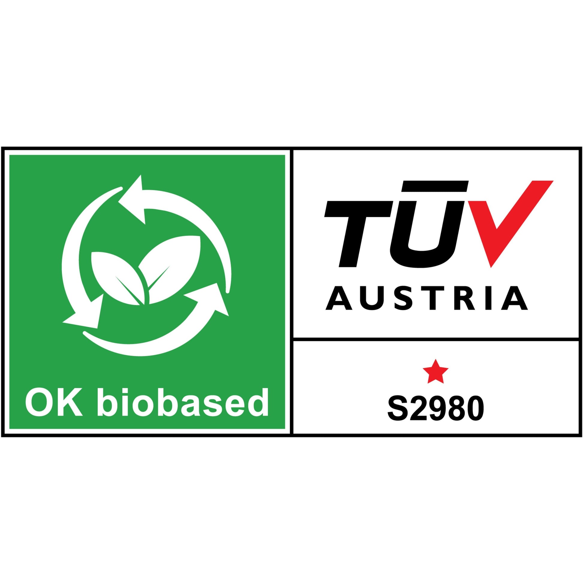Der Scotch™ Karim Rashid Tischabroller von 3M Deutschland GmbH verfügt über ein Zertifizierungslabel mit einem grünen Bereich mit Recycling-Symbol und Blättern mit der Aufschrift "OK biobased" sowie einem weißen Bereich mit "TÜV AUSTRIA", einem roten Stern und "S2980".