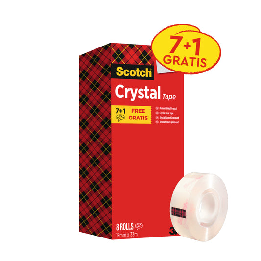 Das 3M Scotch® Crystal Klebeband Vorteilspack enthält 8 transparente Rollen (19 mm x 33 m) pro Karton, mit einem gelben Etikett "7+1 GRATIS". Eine Klebebandrolle ist auf der Vorderseite abgebildet. Marke: 3M Deutschland GmbH.