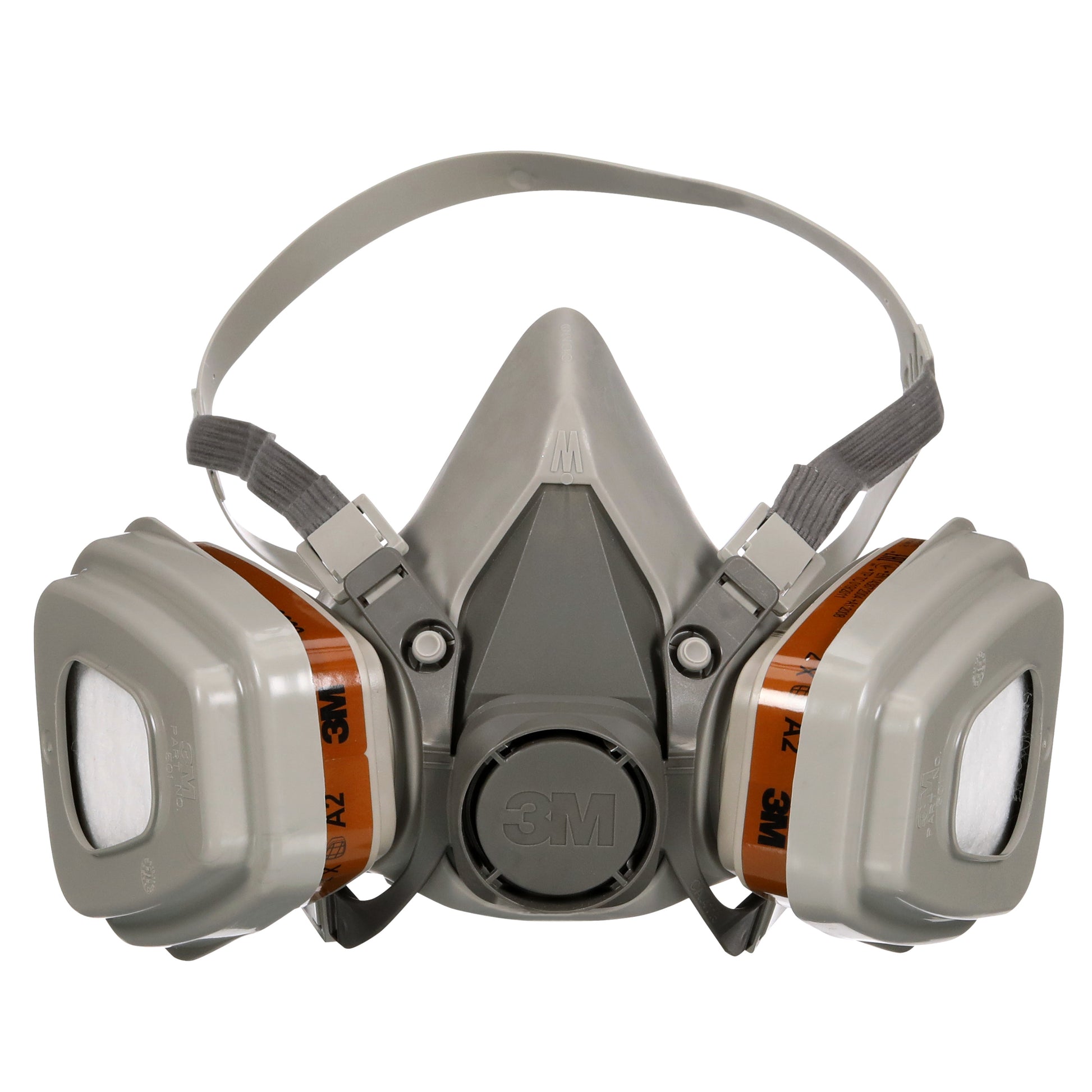 Die 3M™ Atemschutzmaske 6002KIT-1 von 3M Deutschland GmbH ist eine graue Halbmaske (1x6200) mit zwei A2P2-Filtern (2x6055, 2x5925, 2x501), verstellbaren elastischen Bändern und einem zentralen Ausatemventil.