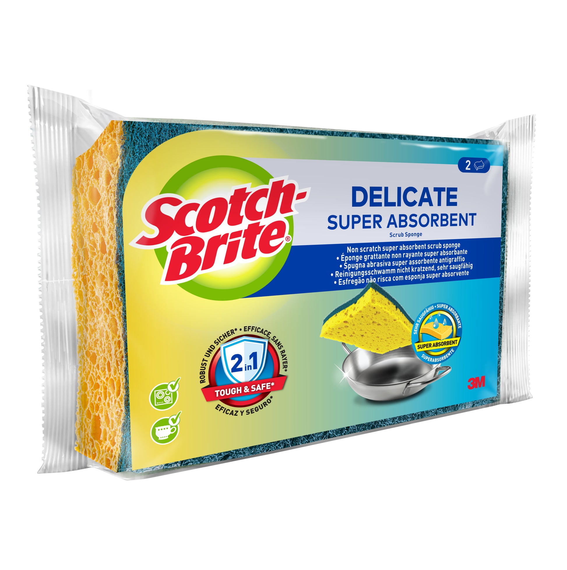 Eine Packung mit 2 Scotch-Brite® Delicate kratzfreien Naturfaserschwämmen von 3M Deutschland GmbH, abgebildet in blau und gelb mit Produktangaben und einer sauberen Metallpfannengrafik auf der Verpackung.